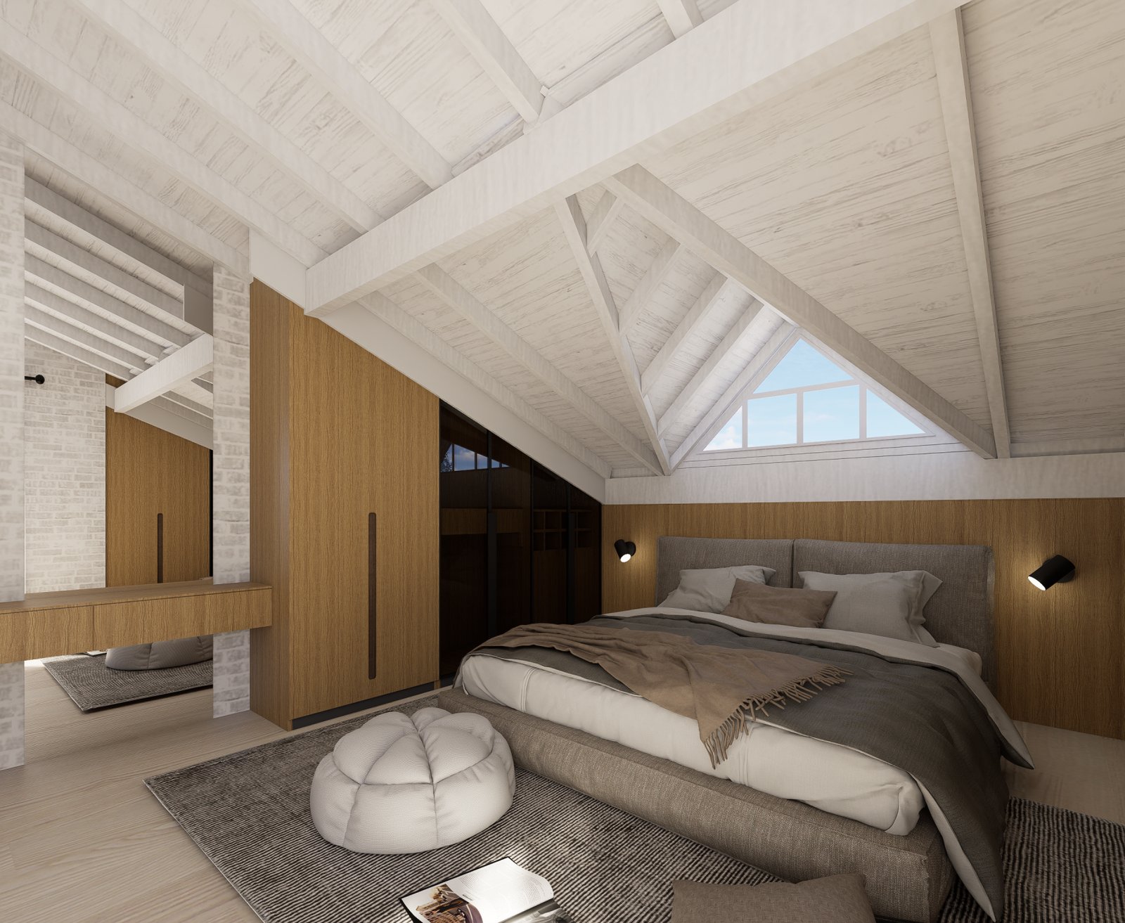 Dormitorio moderno con techo abovedado de vigas de madera y gran ventanal — proyecto Jocker, por Plasma co, en Ezeiza