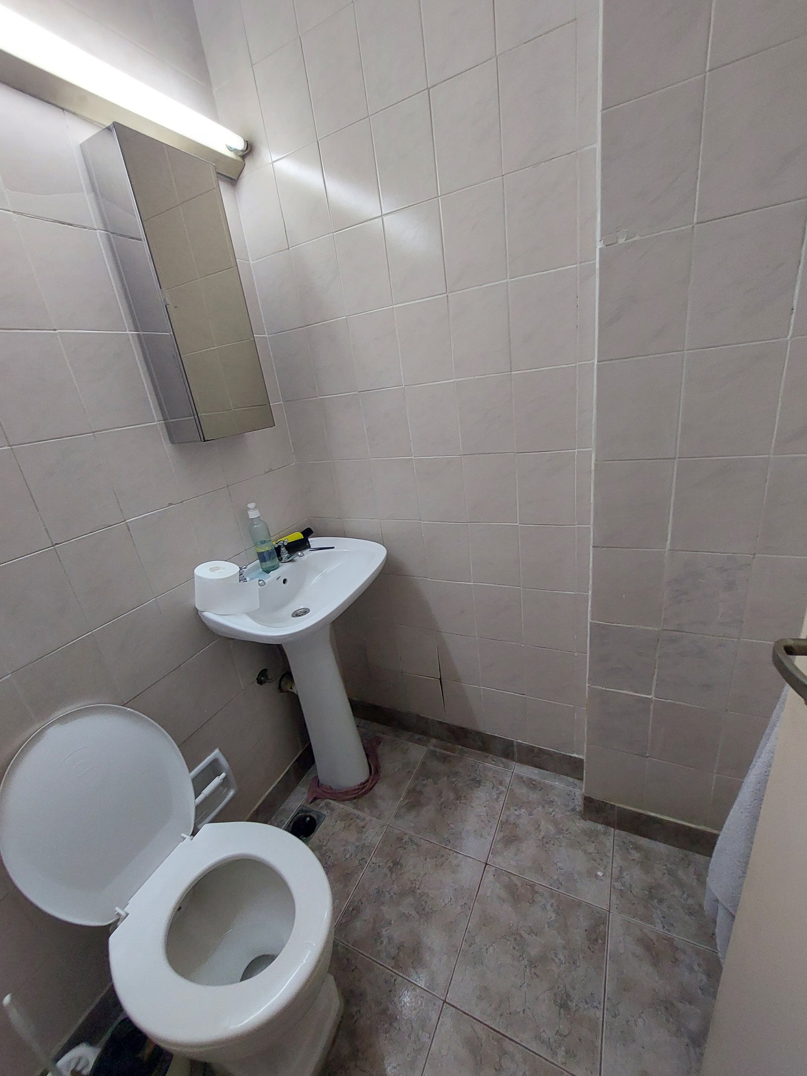 Baño con inodoro y lavabo de pedestal blancos, paredes y piso de cerámica — proyecto FLORES, por Arquitecta, en Flores
