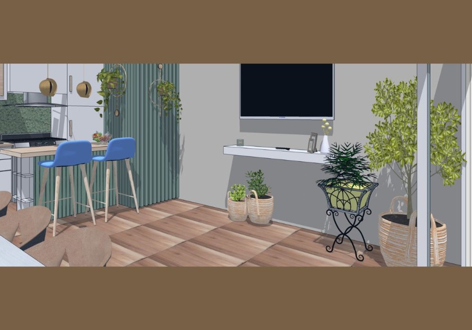 Sala de estar e cozinha moderna com ilha e parede verde — projeto Cocina Comedor Integrada, por FA DISEÑO Y AMBIENTACION, em Bahía Blanca