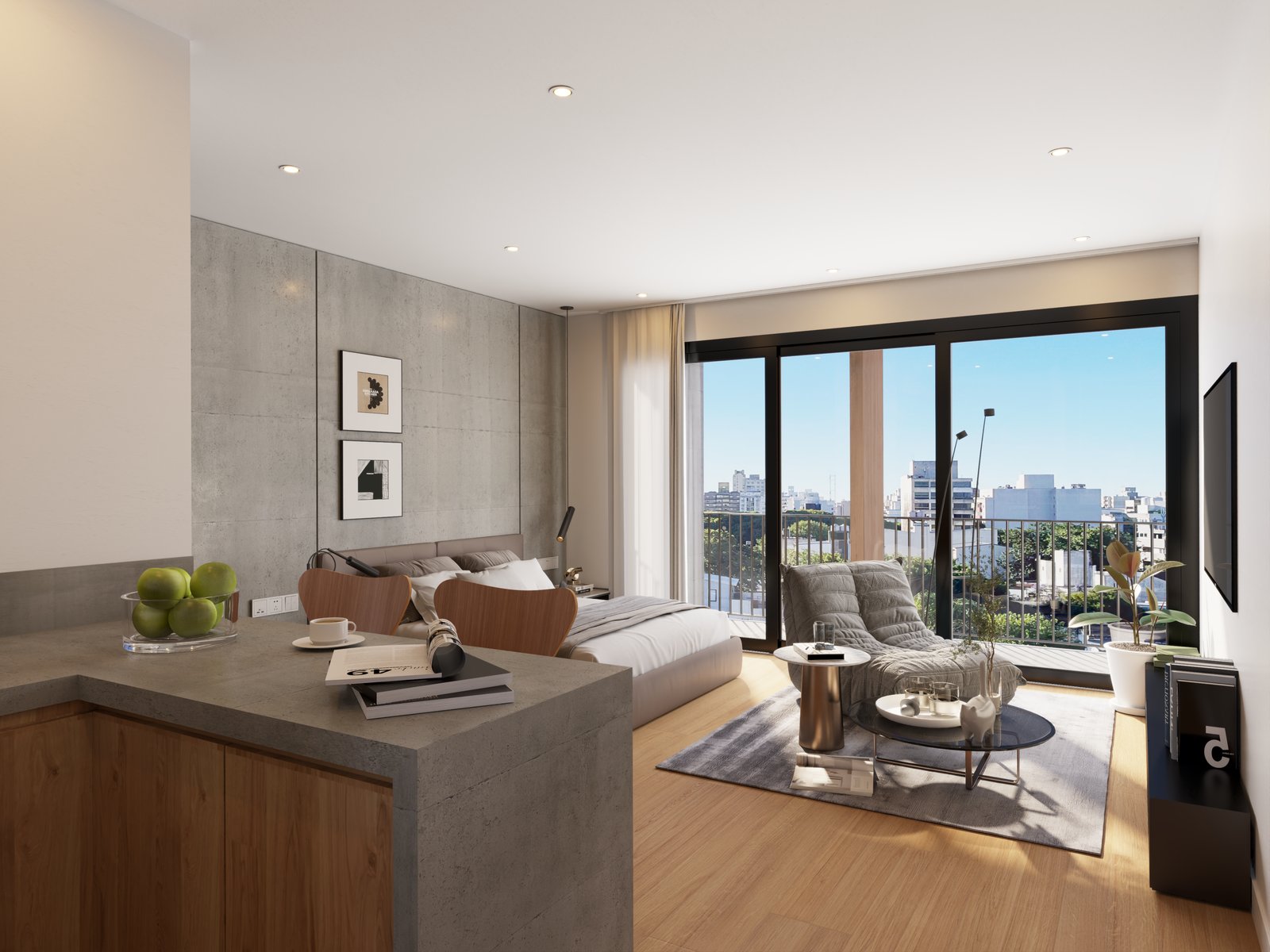 Monoambiente moderno con sala y dormitorio integrados — proyecto Edificio Acuña, por LW Lopez Wolder arquitectos, en Francisco Acuña de Figueroa 330