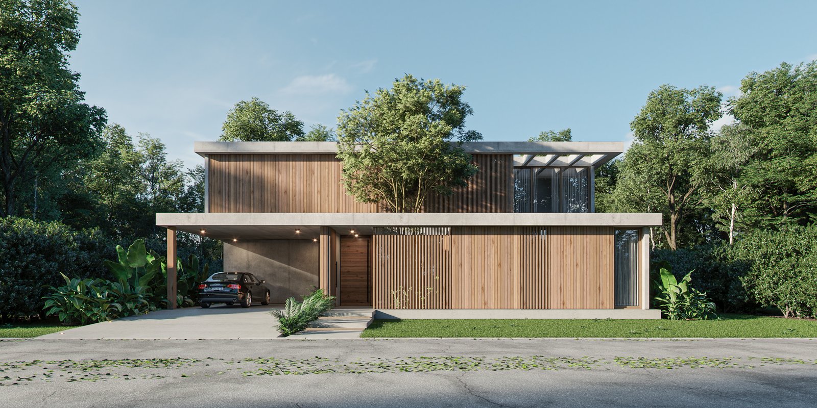 Fachada moderna de madeira com vegetação exuberante — projeto Casa BRAVA, por Grupo CRBN, em Alejandro Korn