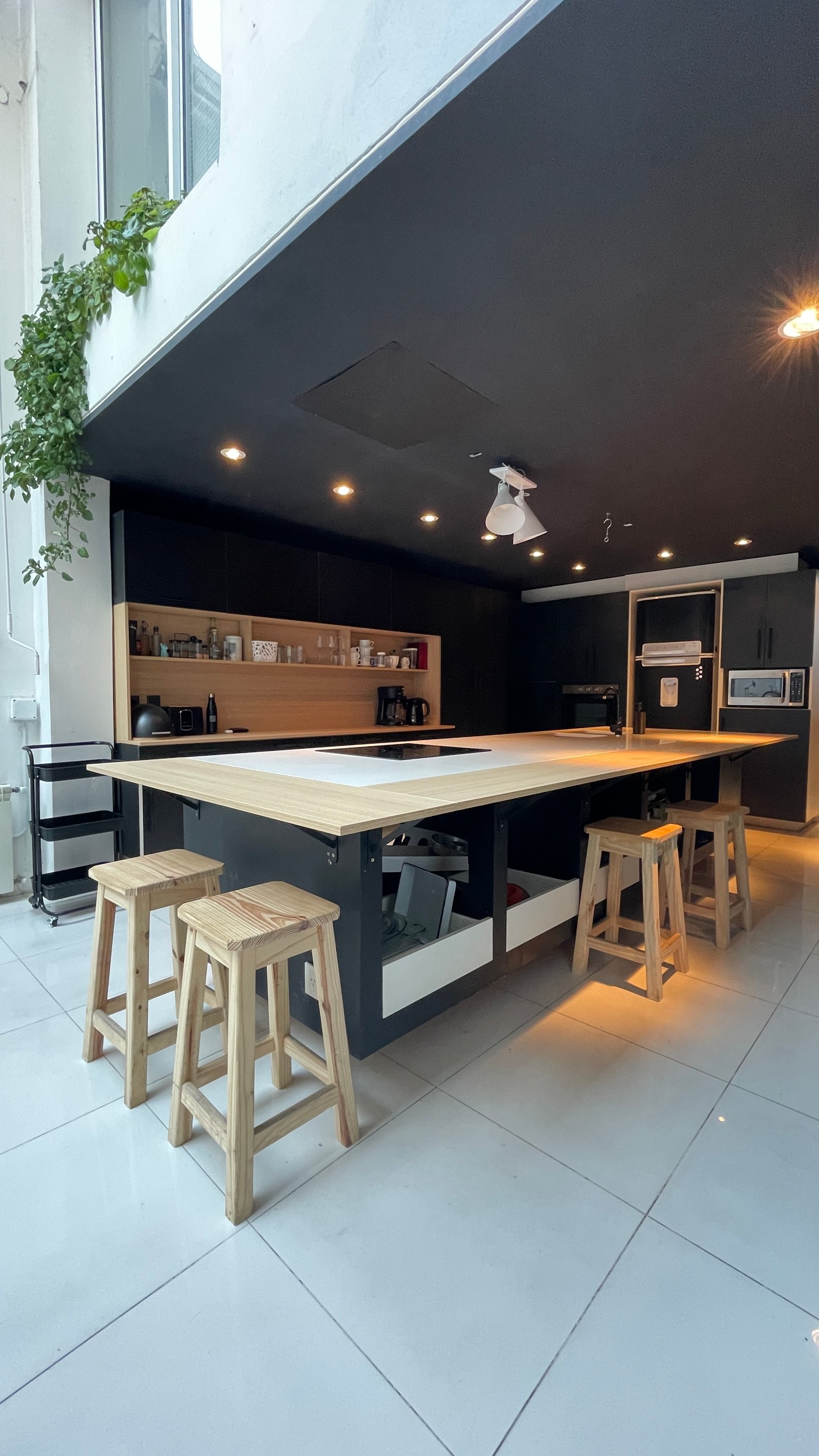 Cocina moderna con isla grande, techo negro, estanterías de madera y vegetación — proyecto Espacio BALVAN, por DE DIOS Estudio, en Balvanera