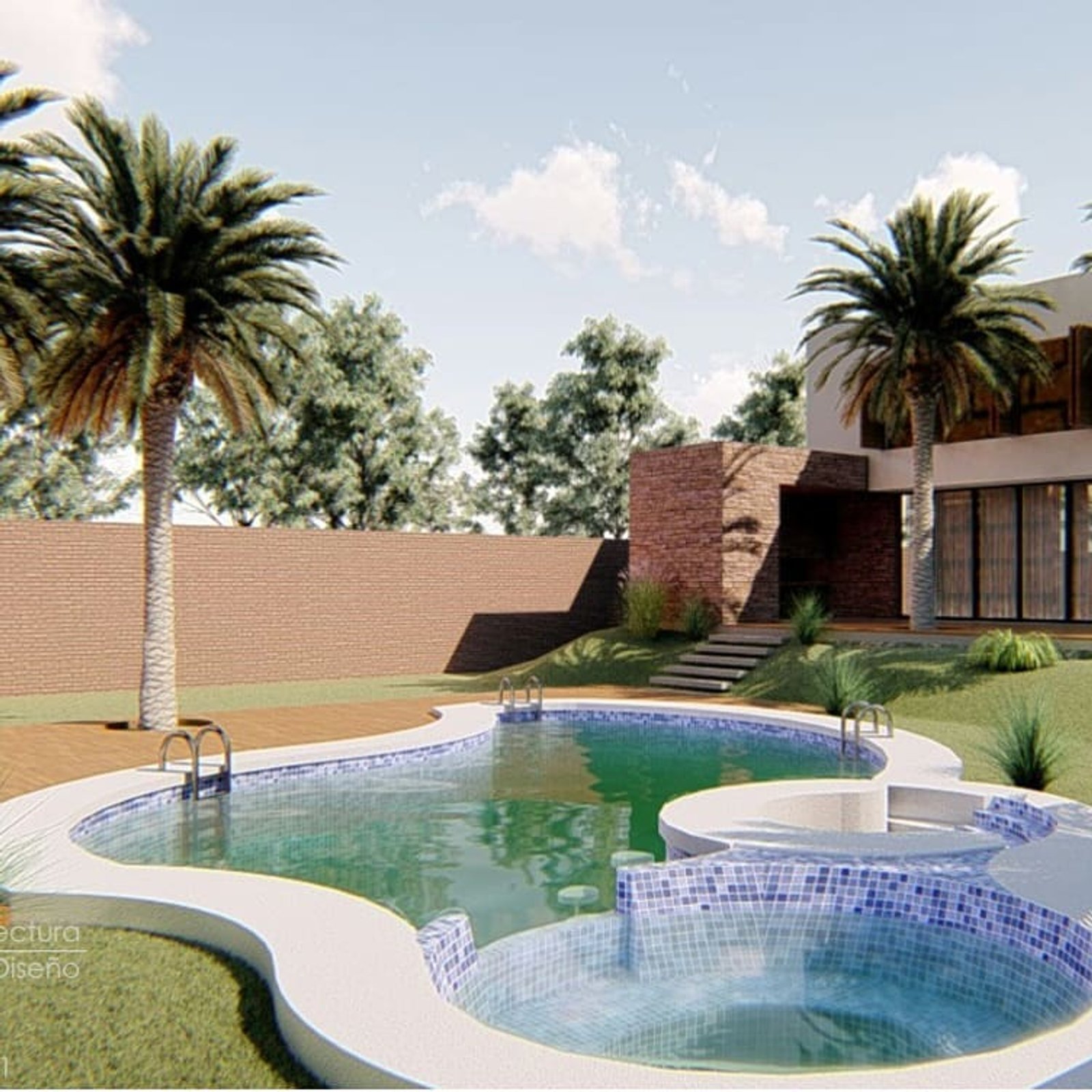Amplia área de piscina moderna con jacuzzi e iluminación cálida — proyecto Casa en el Pato 2, por Arquitecto Guido Niccoli, en El Pato