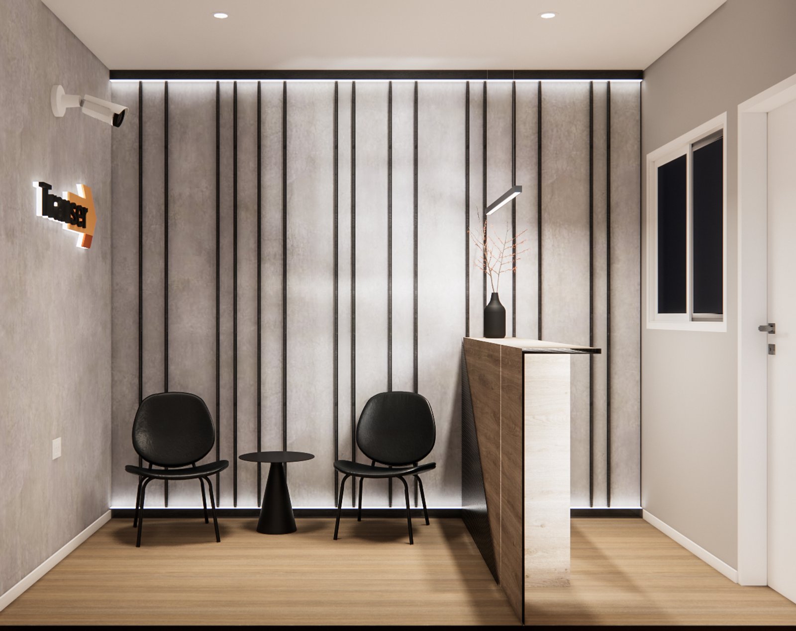 Recepção moderna com cadeiras pretas, mesas redondas e balcão de madeira — projeto Diseño de recepción de oficina, por Mela Deco Design, em Buenos Aires