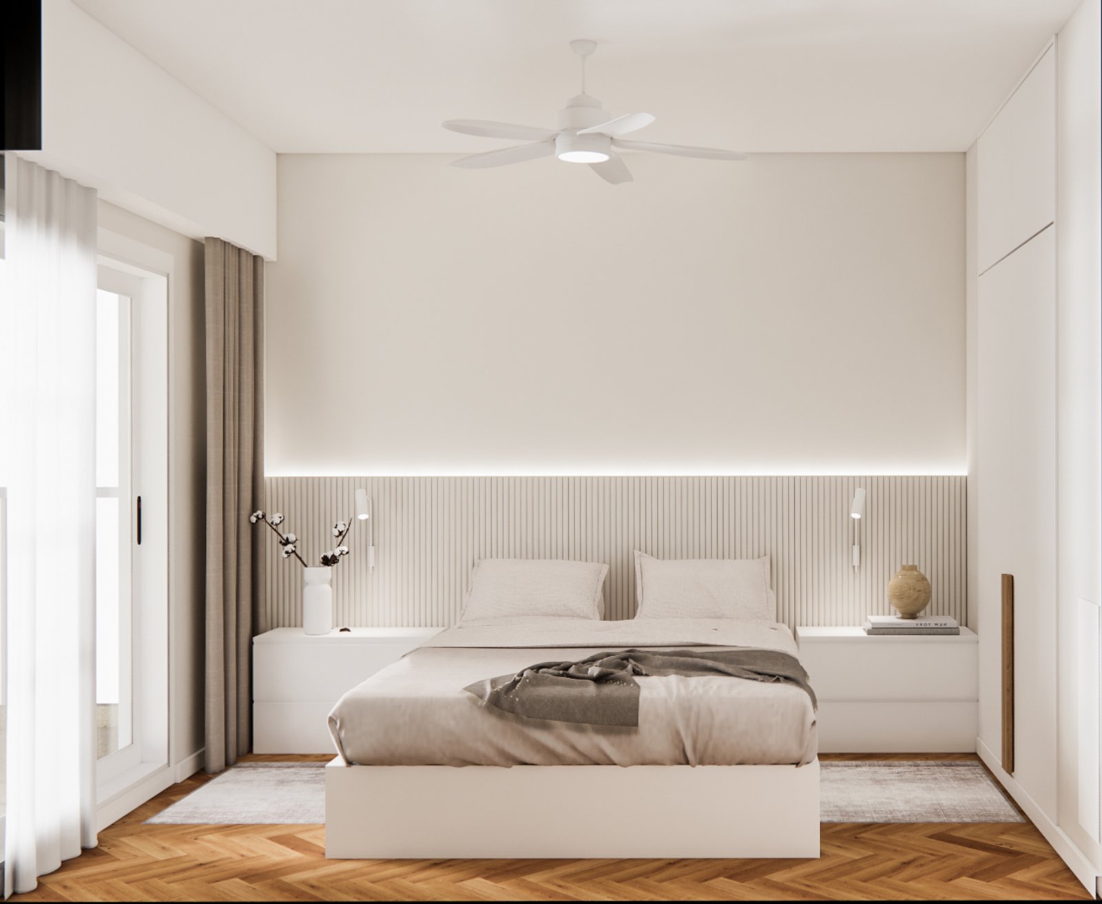 Quarto moderno minimalista com painéis de parede e iluminação suave — projeto Diseño moderno de estar comedor y habitaciones, por Mela Deco Design, em Buenos Aires