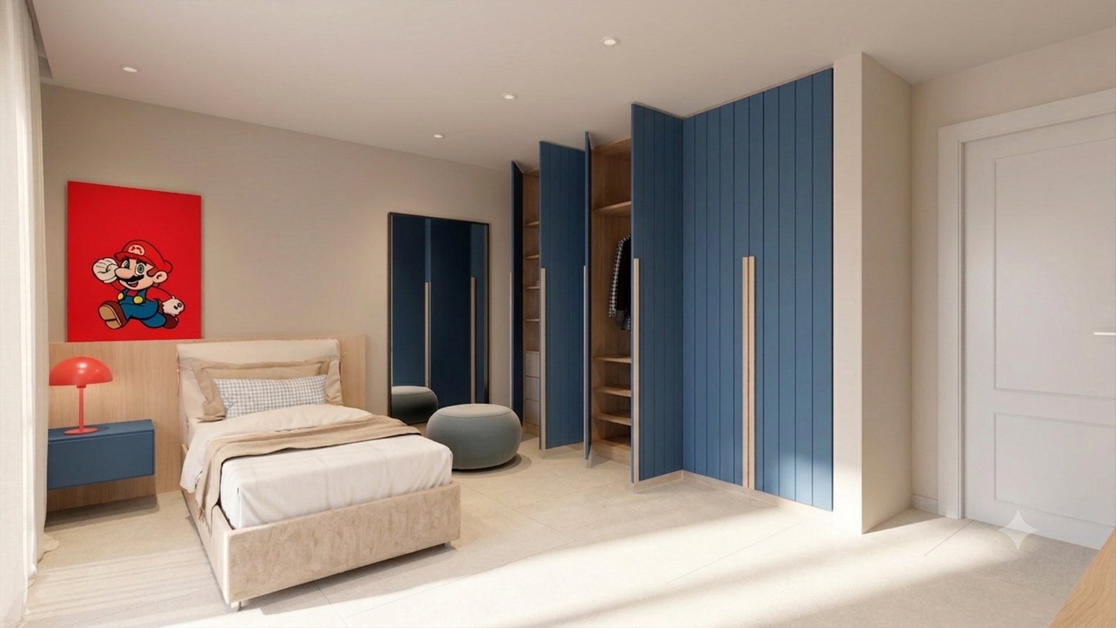 Quarto infantil moderno com armário azul e pôster do Mario — projeto Casa Residencial, por Eniraestudio, em Salto