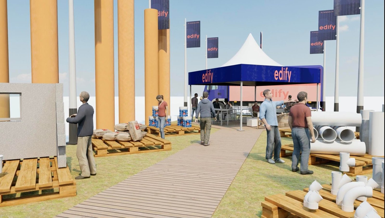 Espacio comercial exterior con pilares de madera y estructura de carpa — proyecto Expo Forestal Posadas. Primer premio al diseno de Stand., por Arquitecto Gustavo Maidana, en Posad