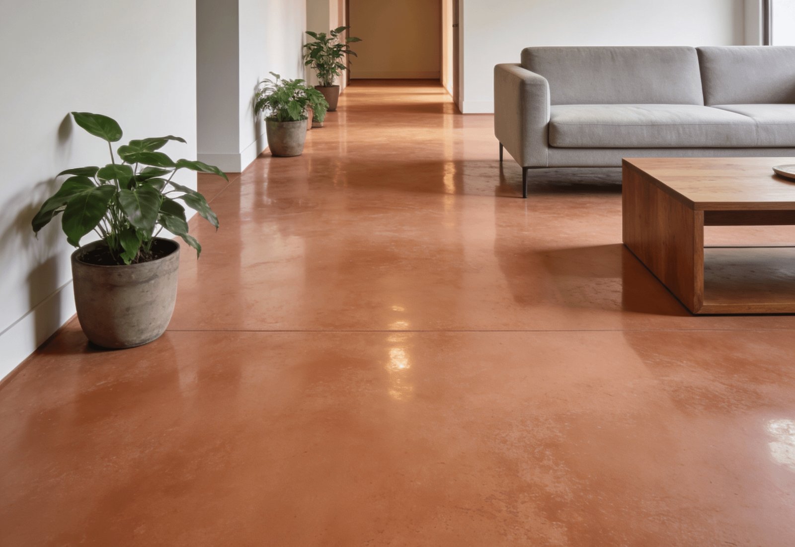 Sala de estar moderna com piso de cimento polido terracota — projeto Microcemento Diego orosco, por Microcemento alizados Dieguito, em Virrey del Pino