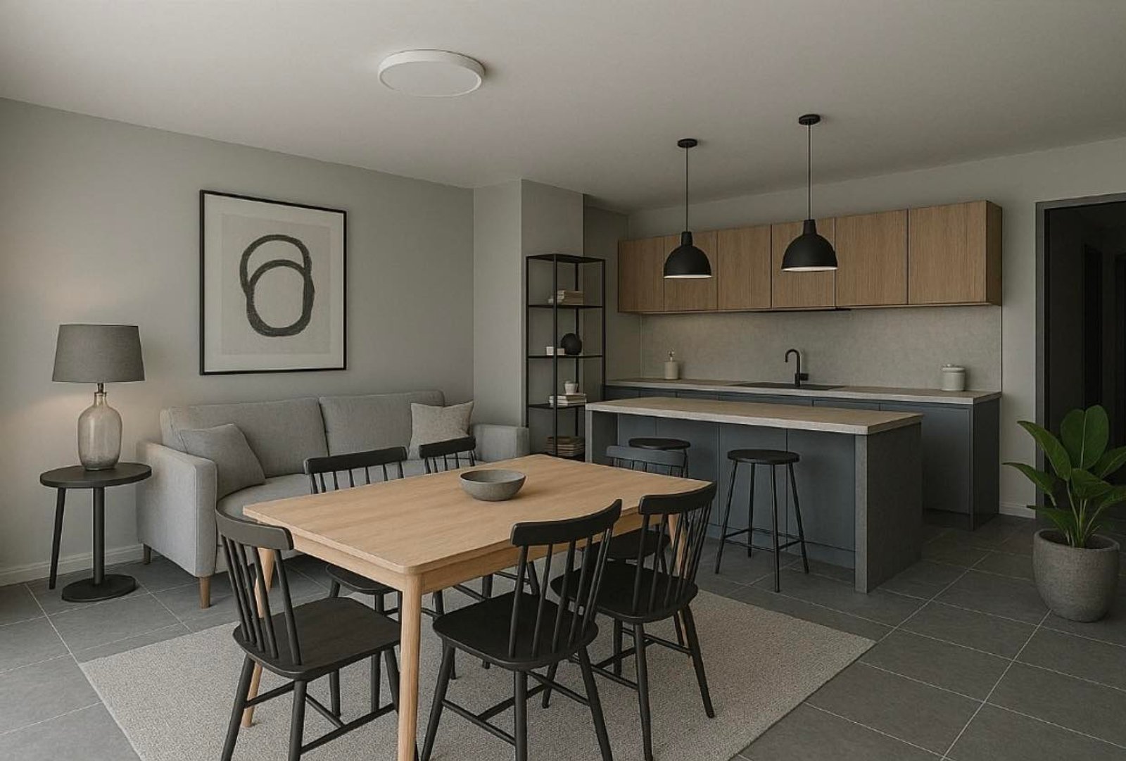 Comedor y sala de estar modernos de planta abierta — proyecto Departamentos de alquiler, por Arquitecto Gustavo Maidana, en Caá Catí