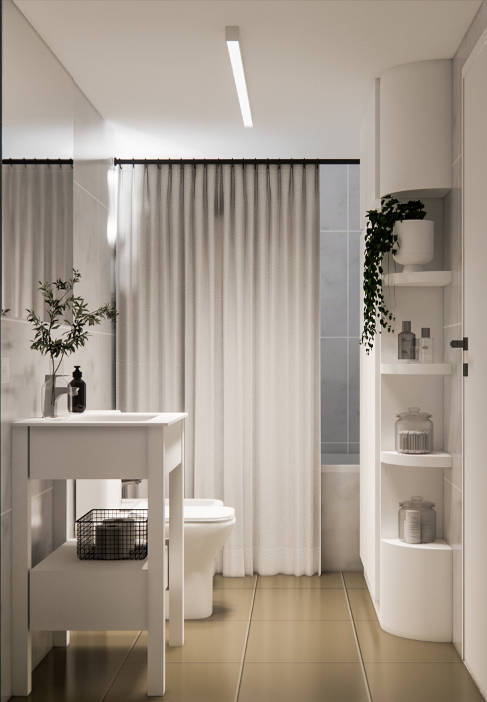 Baño moderno minimalista con cortinas blancas y estantería de esquina — proyecto Diseño de departamento minimalista, por Mela Deco Design, en Buenos Aires