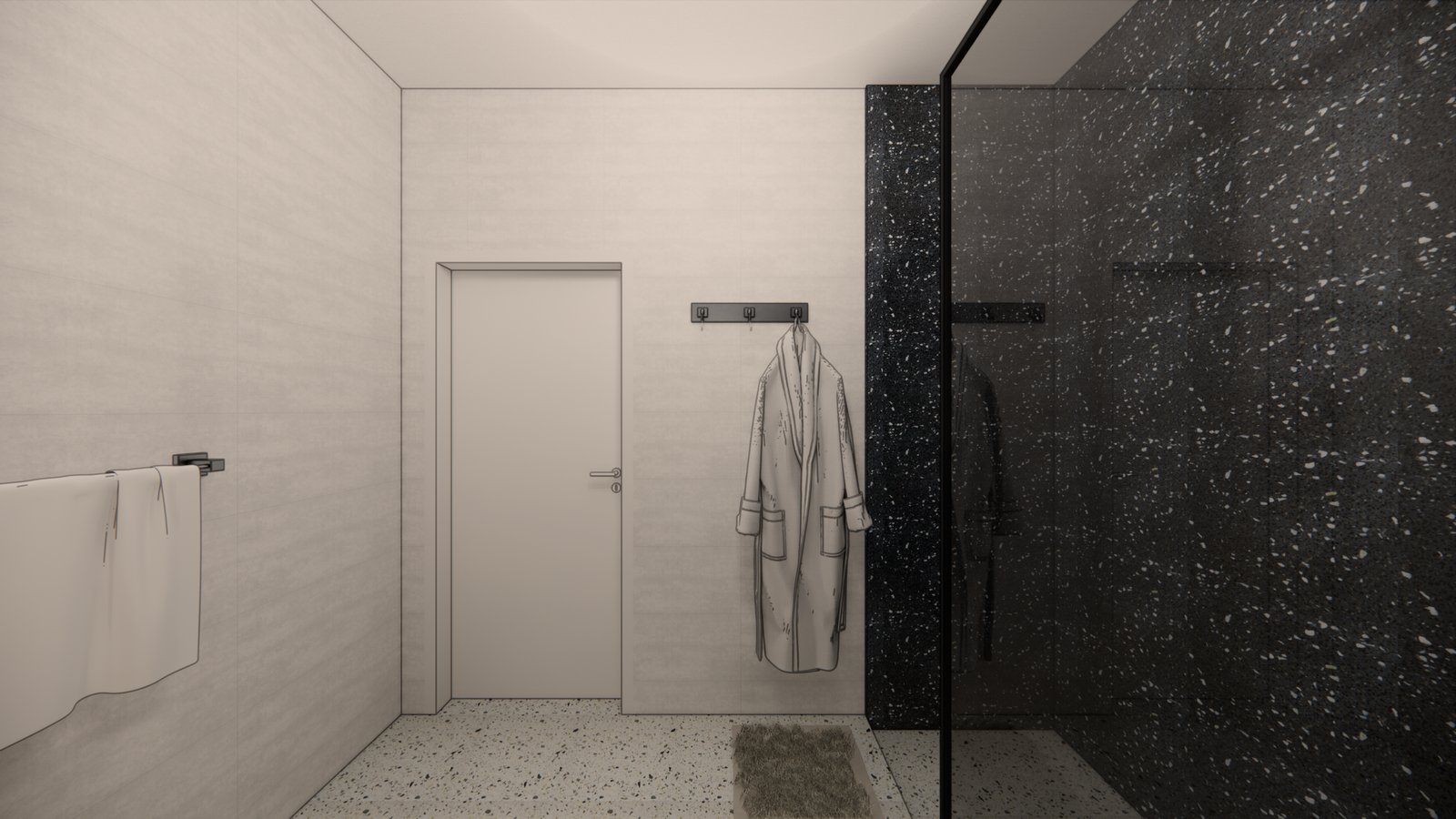 Banheiro moderno minimalista com box de pedra preta salpicada — projeto PROYECTO BM, por Todo con A, em X5125 Monte Cristo
