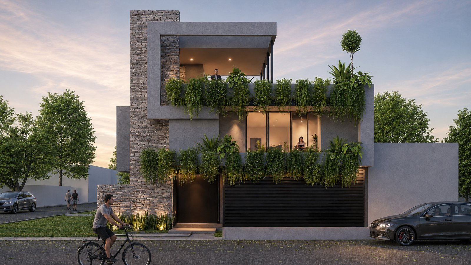 Fachada moderna com jardim vertical e varandas integradas — projeto Proyecto Jorval, por WILSON ARQUITECTURA, em Moreno