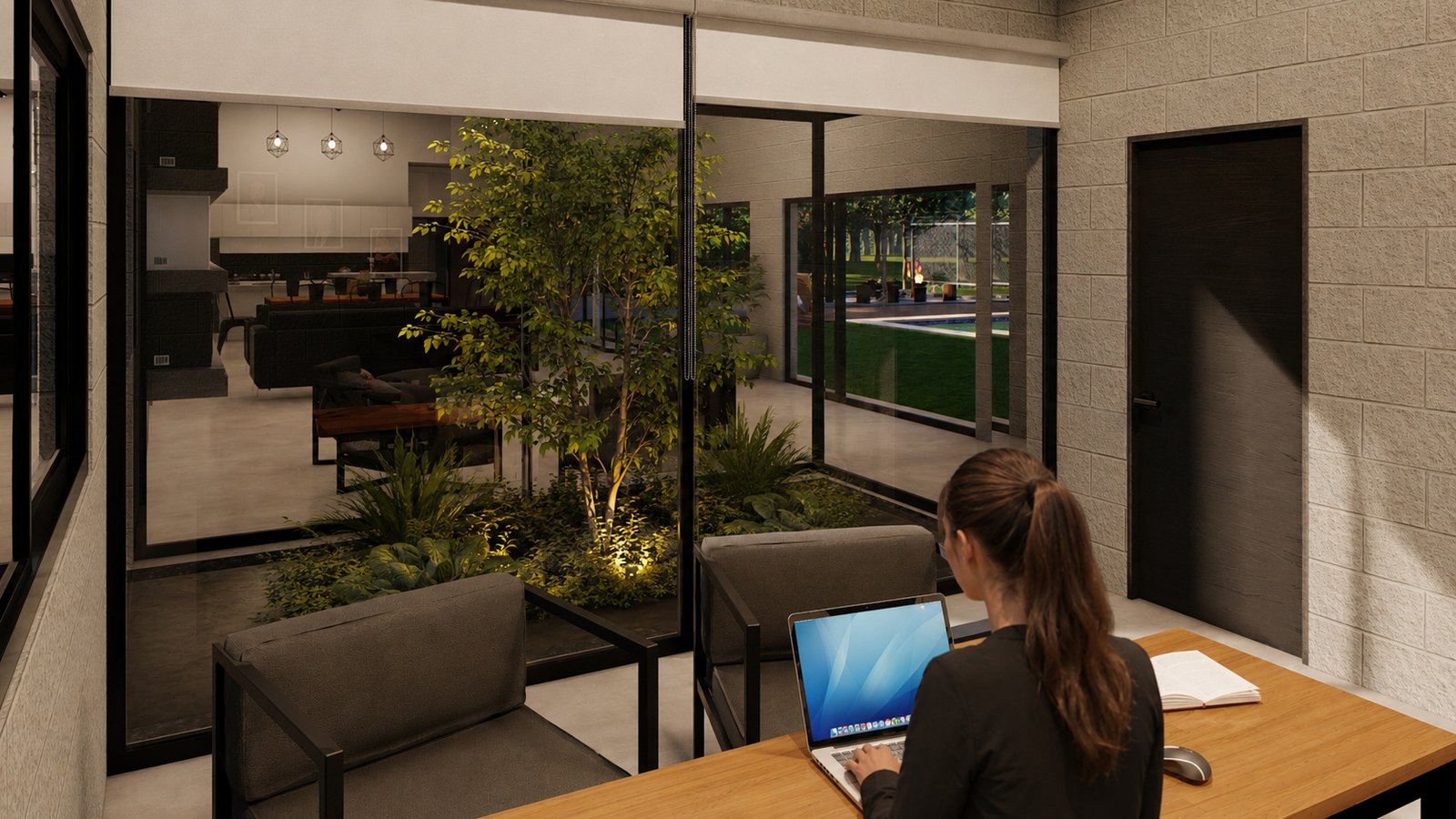 Oficina moderna con jardín interior y ventanal de piso a techo — proyecto Casa Del Limonero, por WILSON ARQUITECTURA, en Presidente Derqui