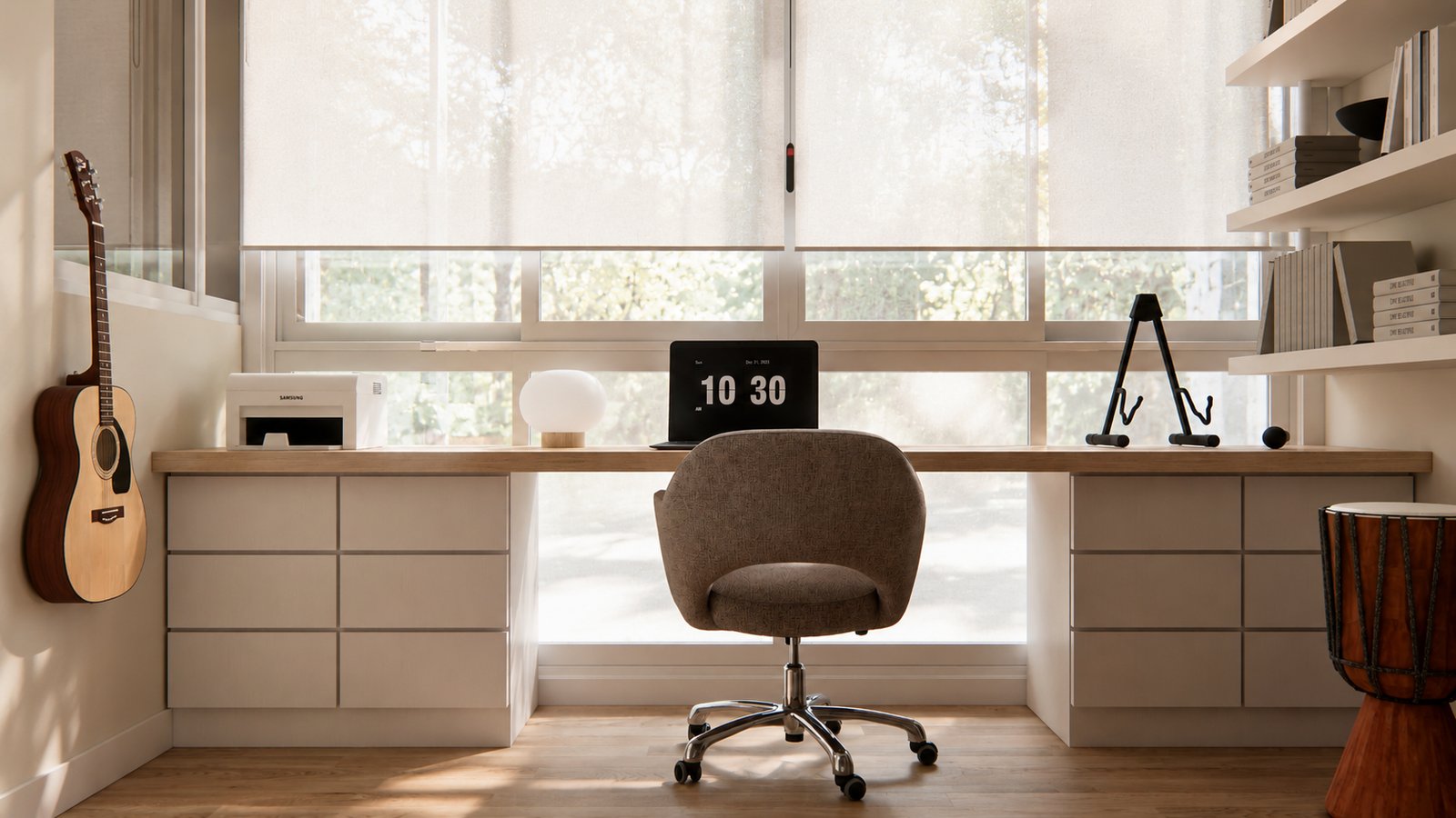 Escritório moderno com mesa de madeira clara e cadeira cinza em frente a grande janela — projeto Reforma departamento minimalista, por Mela Deco Design, em Buenos Aires