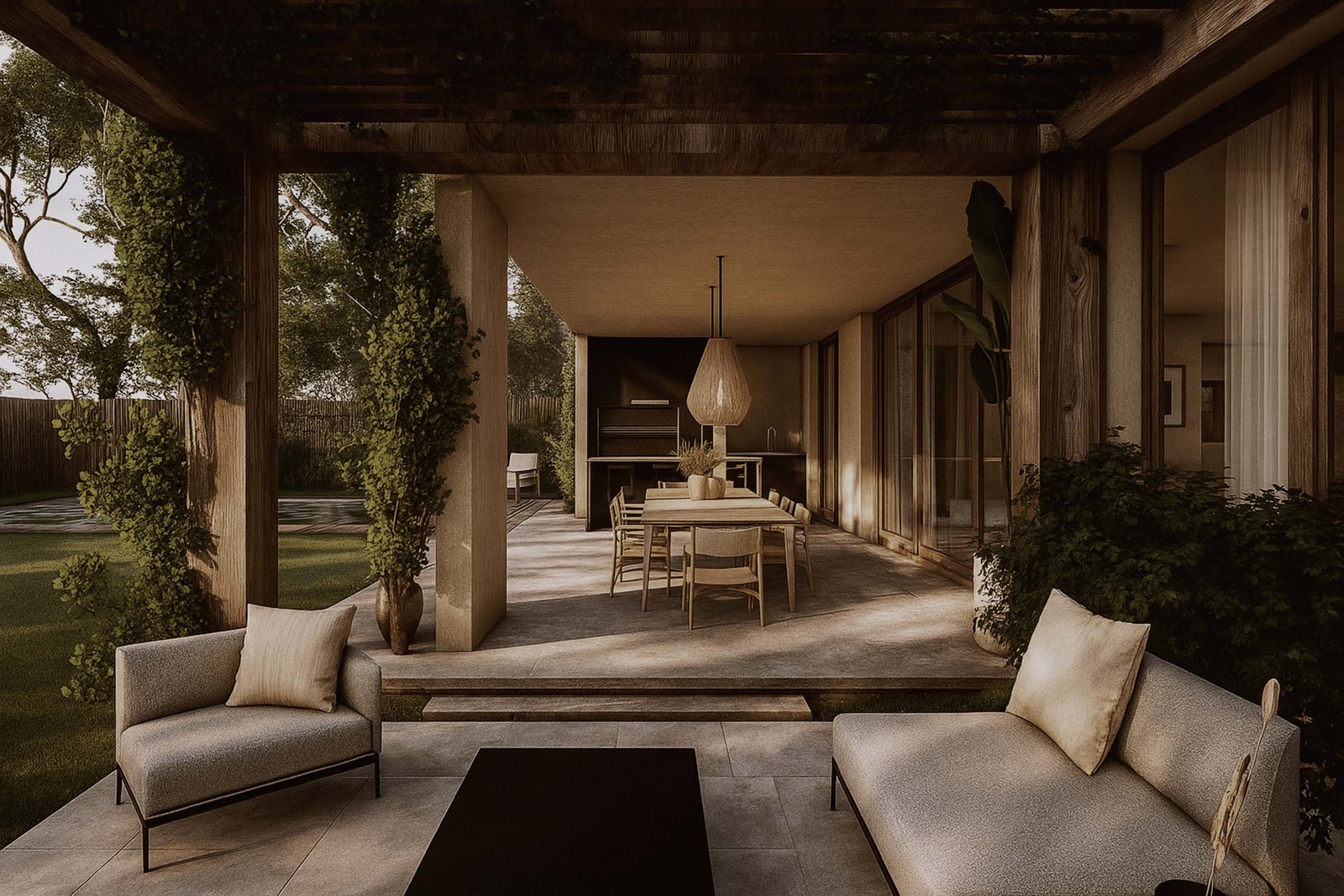 Pátio moderno com sala de jantar e estar integrados, estilo mediterrâneo — projeto Casa MN, por zuloagastudio, em Manuel Luis de Oliden