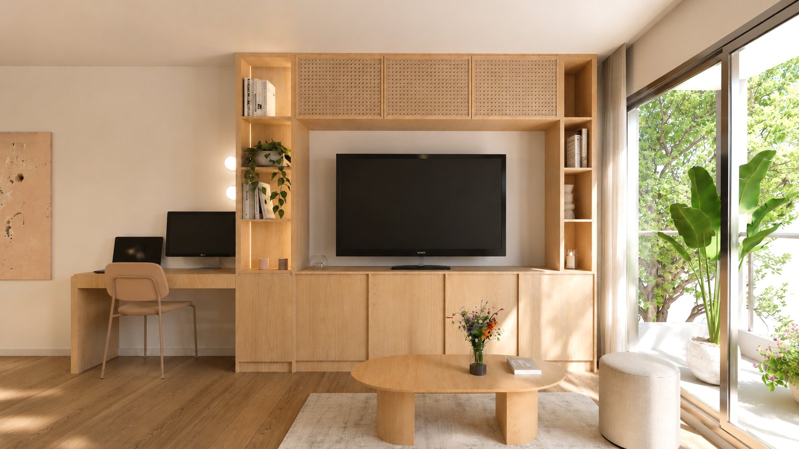Living comedor moderno con sector de oficina integrado y muebles de madera — proyecto Monoambiente, por Eniraestudio, en Av. Boyacá 500