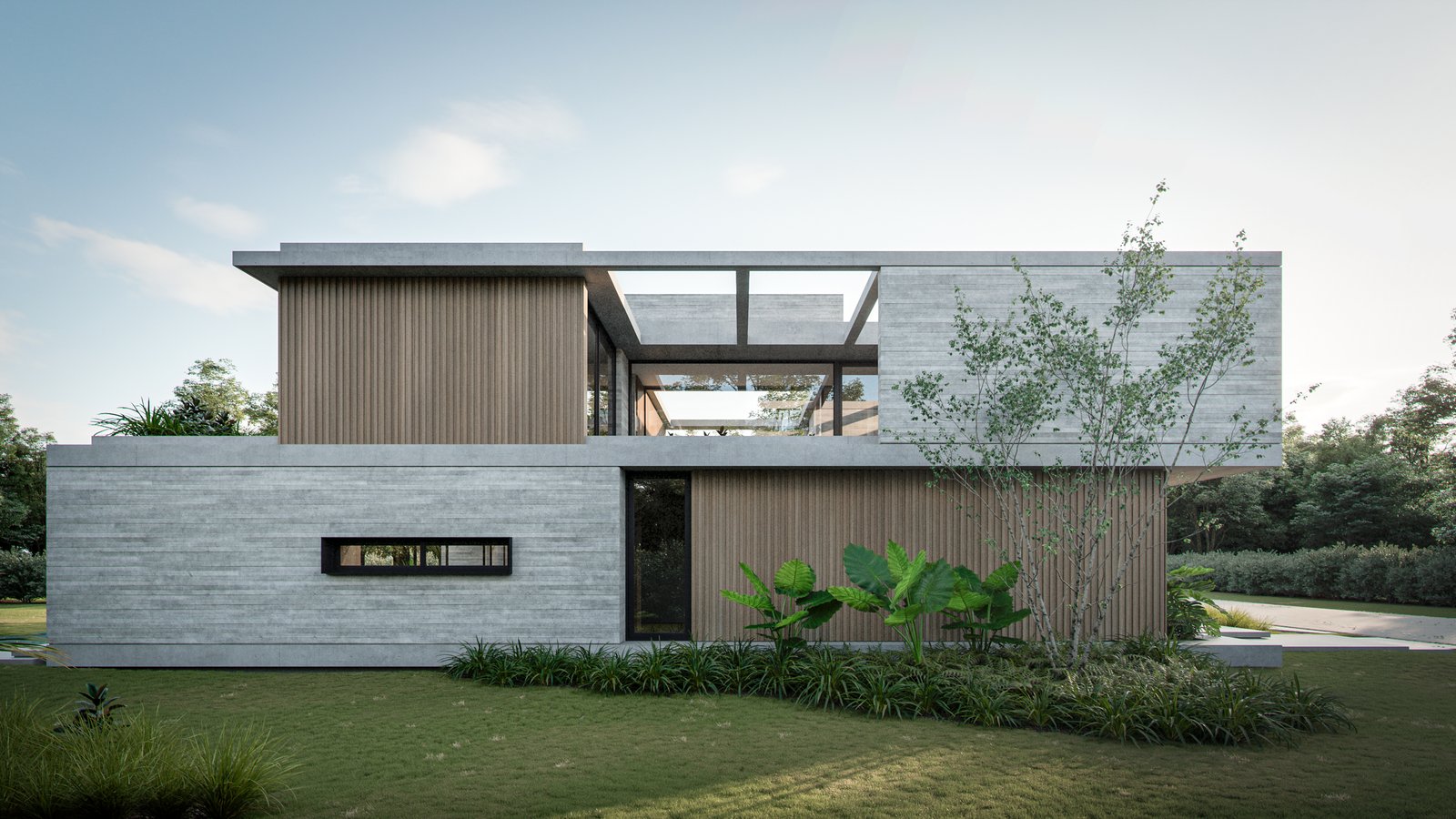 Fachada moderna de concreto e madeira com amplas janelas — projeto Casa BEAT, por Grupo CRBN, em Av. de los Lagos 1815