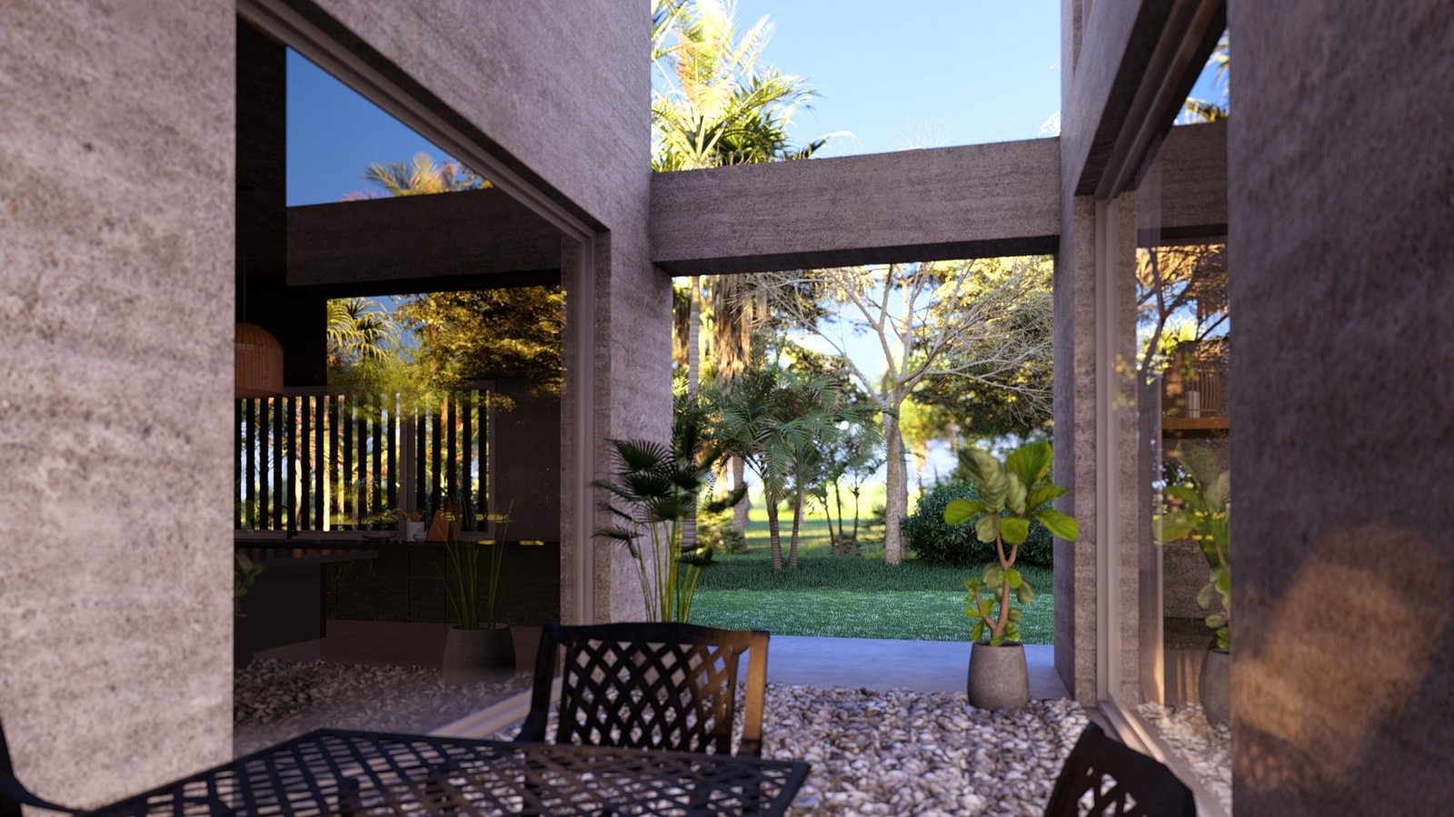 Patio moderno con estilo brutalista y jardín exuberante — proyecto Casa AC, por Hermann Arquitectos, en Nordelta