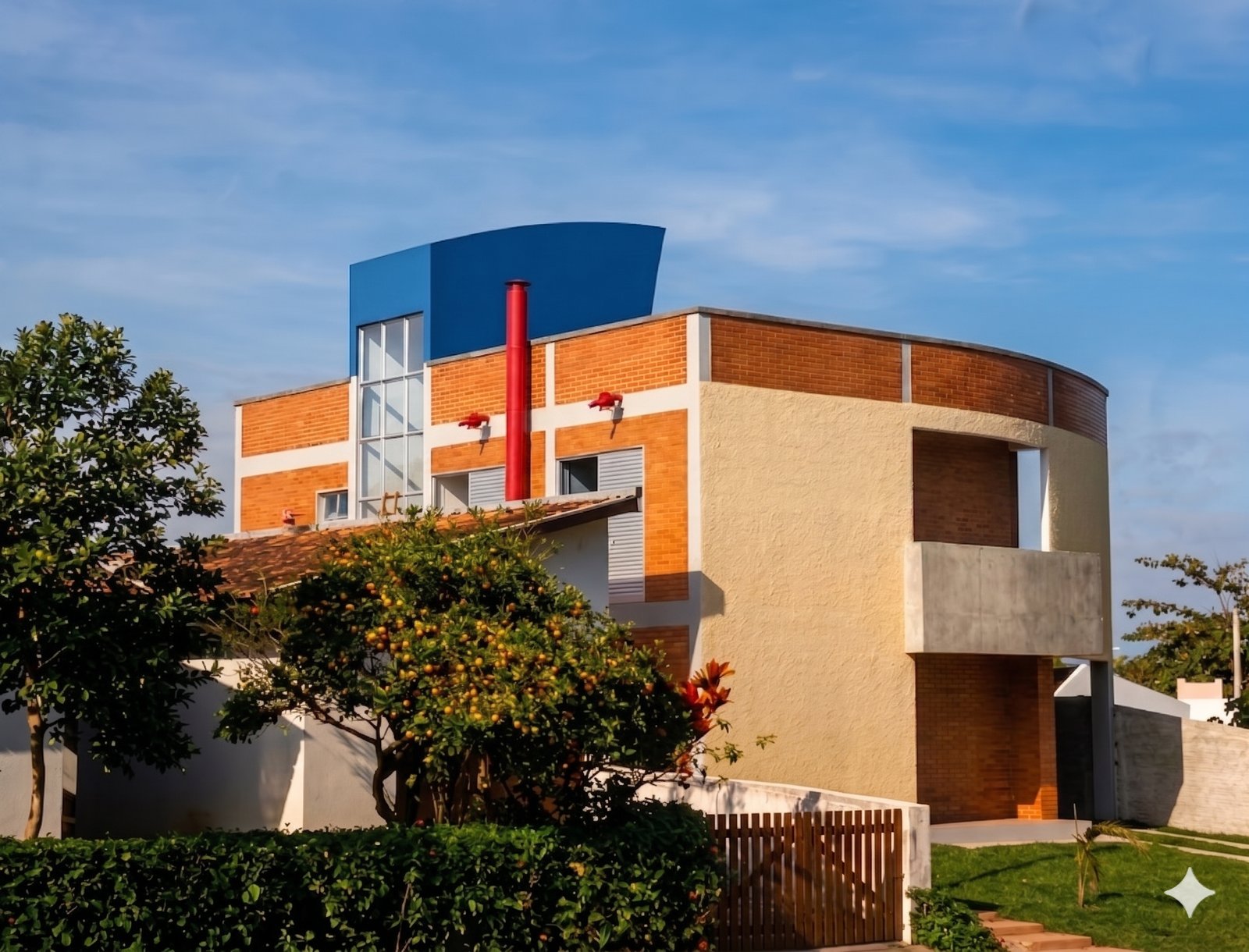 Fachada de casa moderna con curvas, ladrillo y grandes ventanales — proyecto Residência AK, por Pindorama Arquitetura / Jefferson de Geus Arquitetura Ltda, en Atami