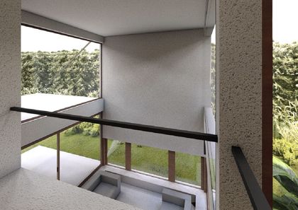 Terraza moderna con vistas al campo y estructura de hormigón — proyecto CASA COSTAS I, por Alejandra Pan Arquitectura, en Escobar