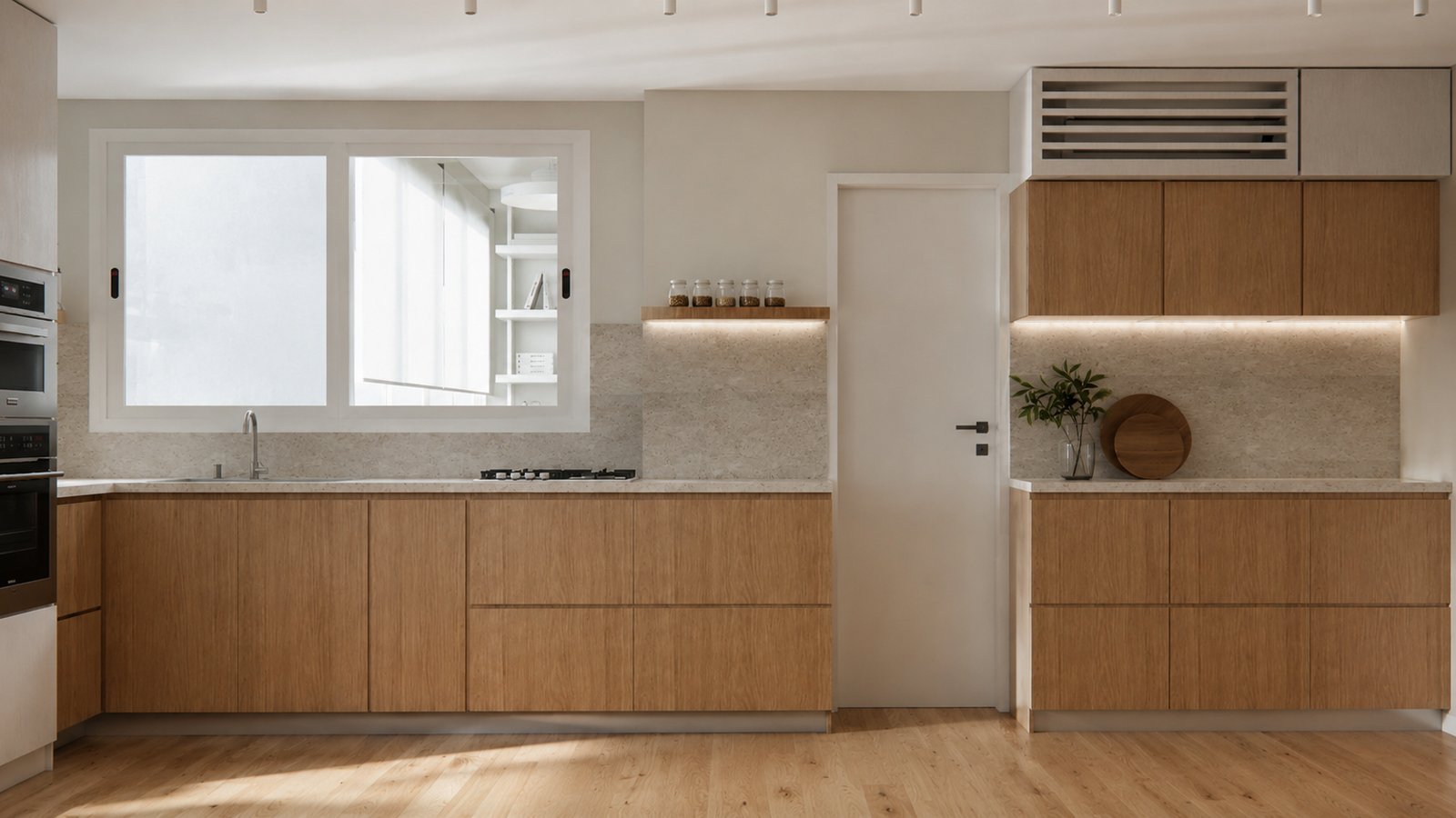 Cozinha escandinava moderna com armários de madeira e pedra clara — projeto Reforma departamento minimalista, por Mela Deco Design, em Buenos Aires