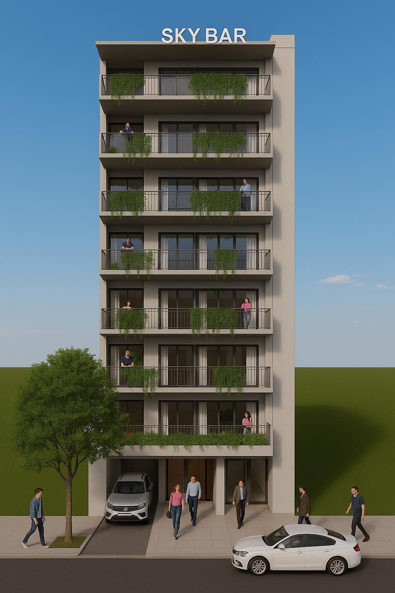 Edificio moderno con balcones verdes y autos en la entrada — proyecto Edificio de Oficinas, Posadas, Misiones, por Arquitecto Gustavo Maidana, en Posadas