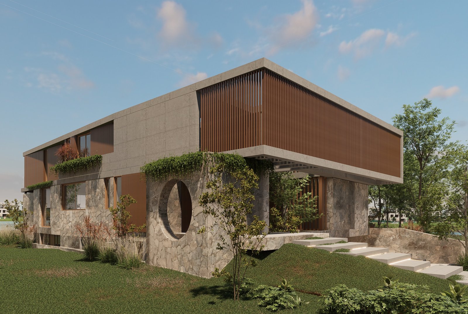Casa moderna con fachada de piedra y hormigón — proyecto Los Puentes 246, Nordelta, por Build a Home Arquitectura, en Rincón de Milberg
