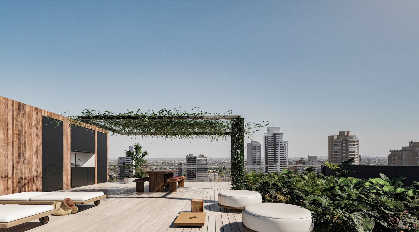 Terraço moderno com deck de madeira e vista urbana — projeto Edificio Valentin, por LW Lopez Wolder arquitectos, em Valentín Gómez 3632