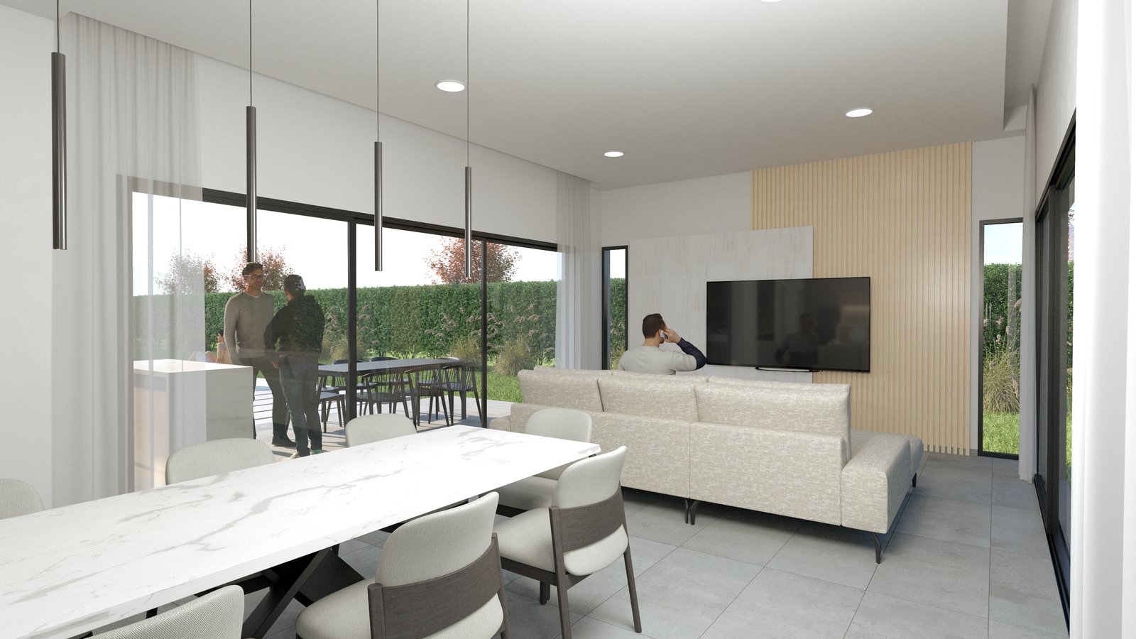 Living comedor moderno integrado con isla de cocina y grandes ventanales — proyecto Casa CyG, por WILSON ARQUITECTURA, en Pilar