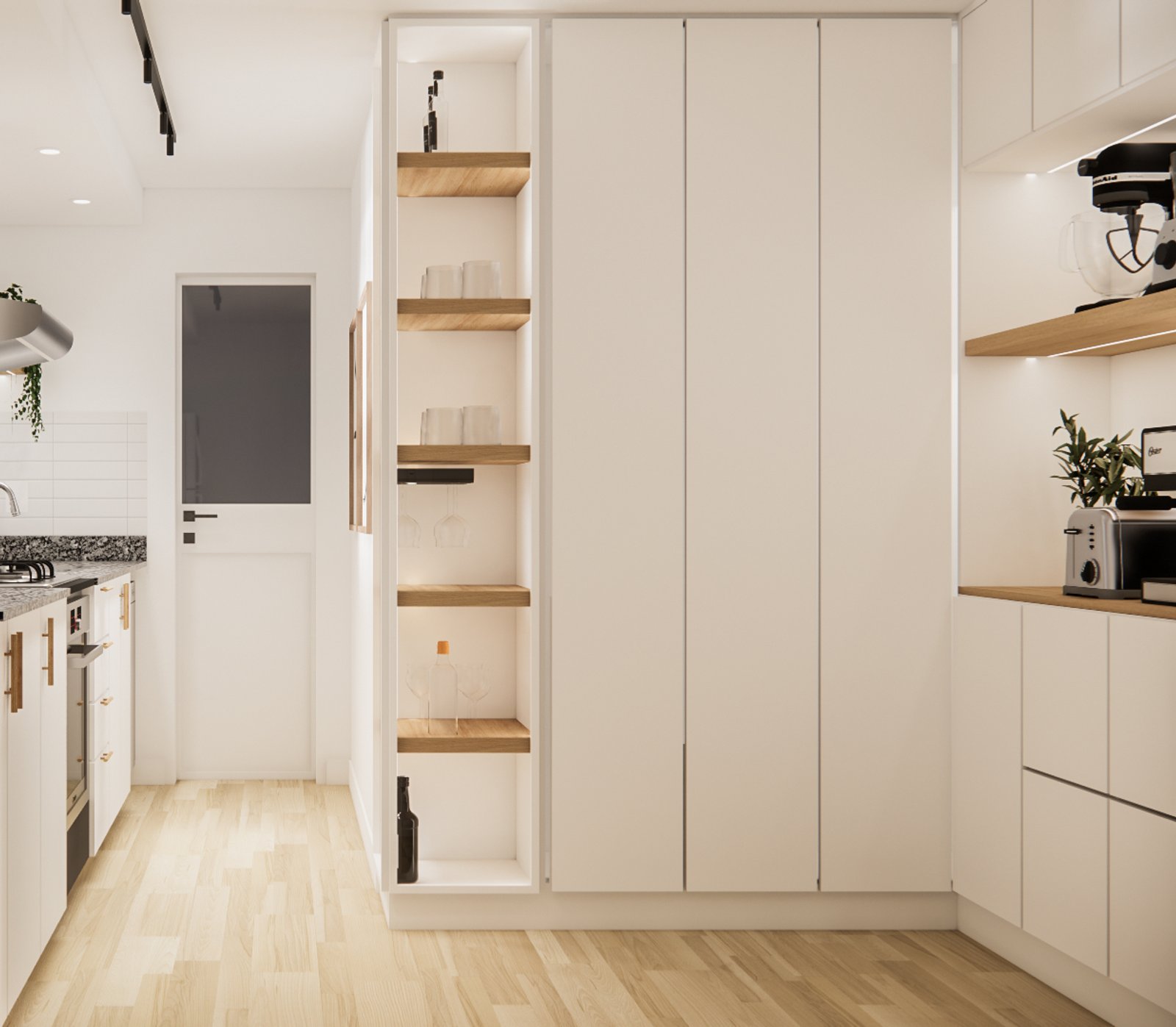 Cocina minimalista con pared de muebles blancos y estantes de madera — proyecto Cocina moderna renovada, por Mela Deco Design, en Buenos Aires