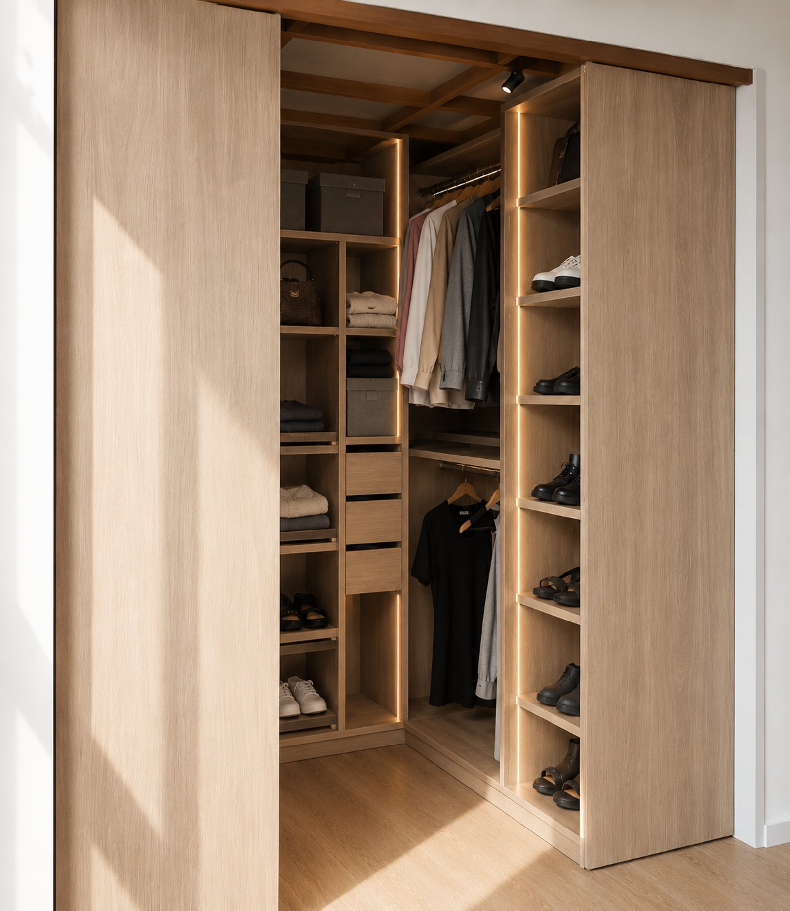 Interior de vestidor moderno con iluminación integrada y madera natural — proyecto Beiro49 C&J, por Casa Fi, en Villa Devoto