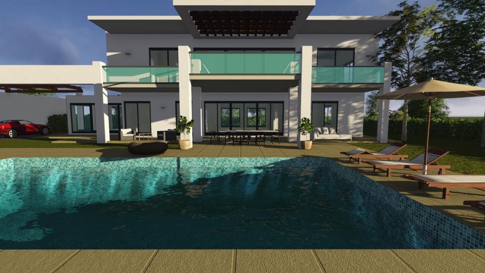 Casa moderna con piscina infinita y coche deportivo — proyecto Casa en Country Corrientes, por Arquitecto Gustavo Maidana, en El Mensú