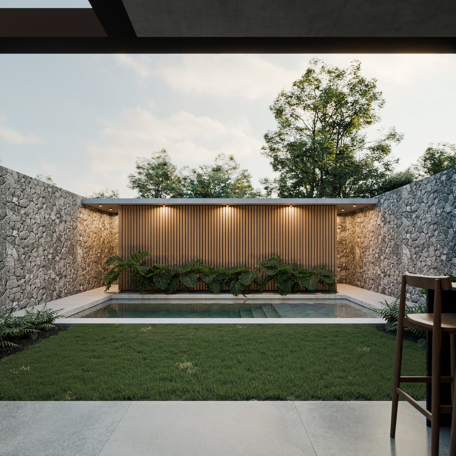 Piscina moderna rodeada de piedra y madera — proyecto Casa IZA, por Grupo CRBN, en Villa Urquiza