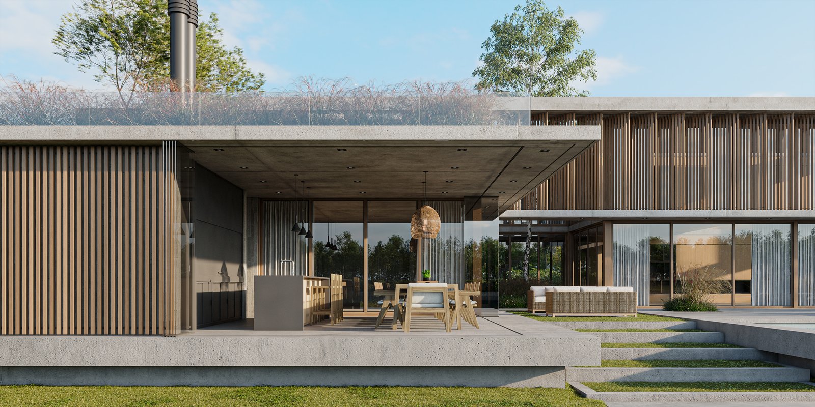 Fachada moderna con techo verde y detalles en madera — proyecto Casa BRIDGE, por Grupo CRBN, en Av. de los Lagos 1815