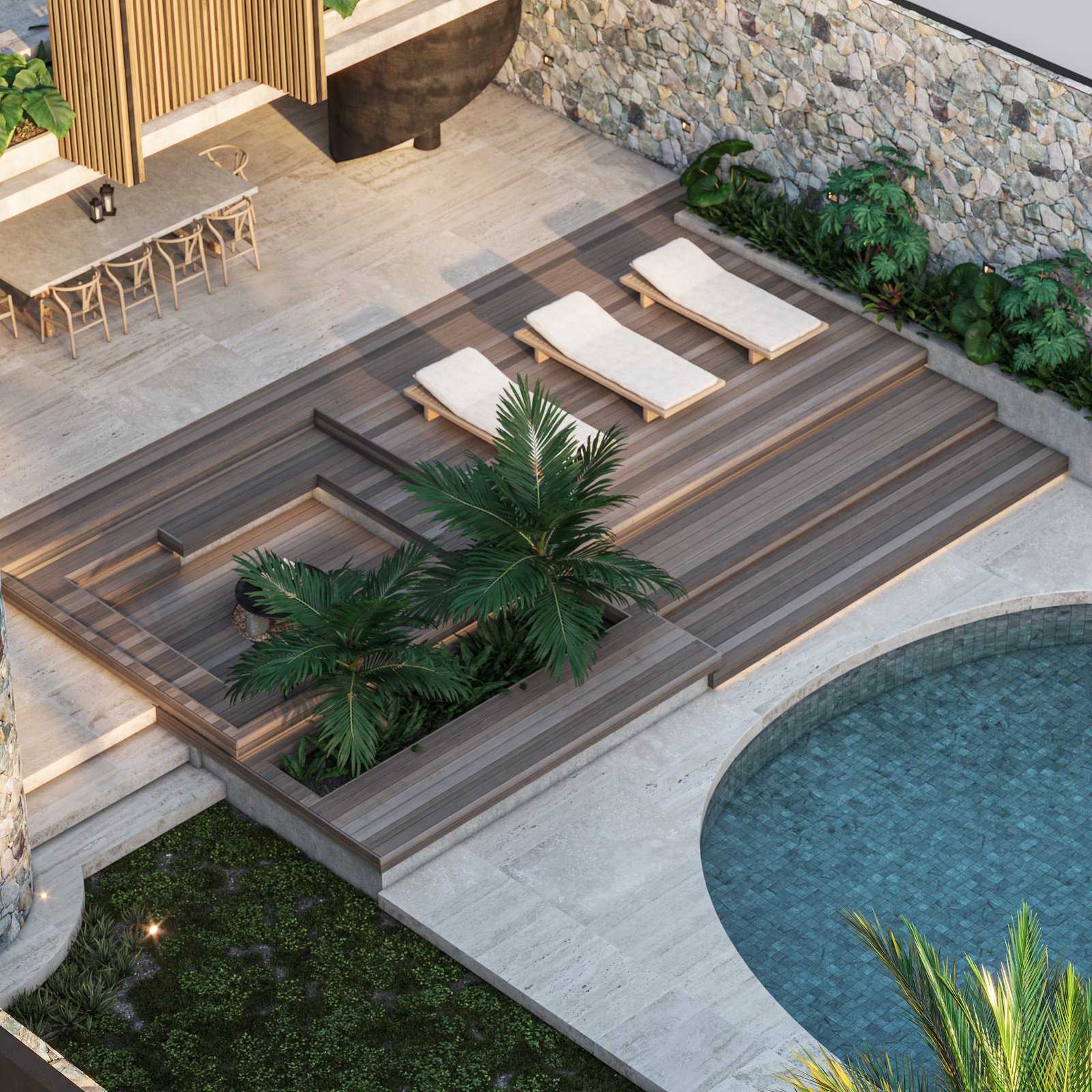 área de piscina moderna com deck de madeira e vegetação exuberante — projeto Casa MITO, por Grupo CRBN, em Ituzaingó