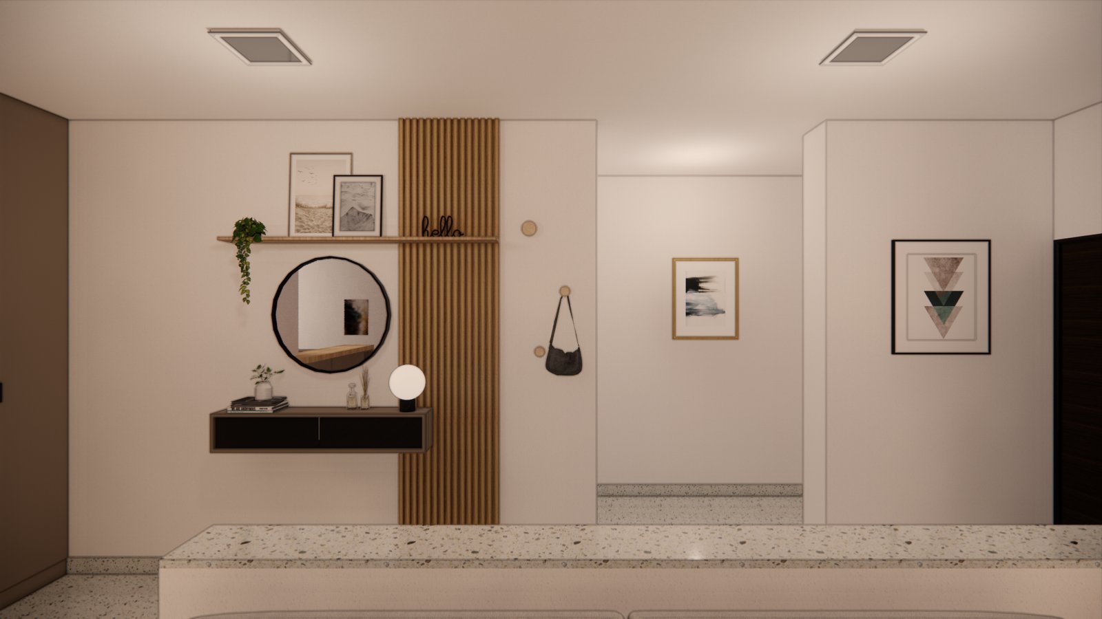Recibidor moderno con detalles en madera y espejo redondo — proyecto PROYECTO MJC, por Todo con A, en X5125 Monte Cristo