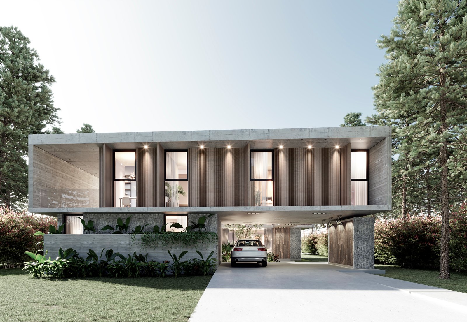 Casa moderna con estructura voladiza y grandes ventanales — proyecto Casa DG 1, por MMCZ STUDIO, en Campo Grande