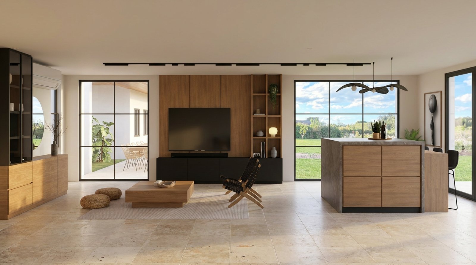 Living moderno con cocina integrada y ventanales amplios — proyecto Diseño moderno de quincho, por Mela Deco Design, en Buenos Aires