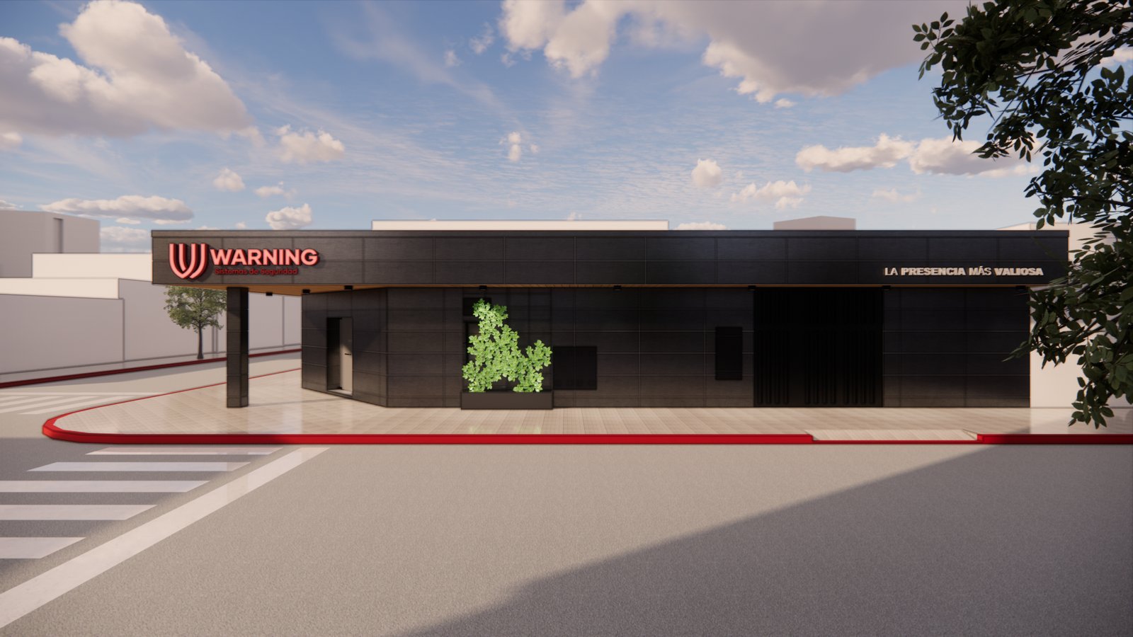 fachada comercial moderna com logo vermelho e jardim vertical — projeto FACHADA WARNING, por Todo con A, em Córdoba