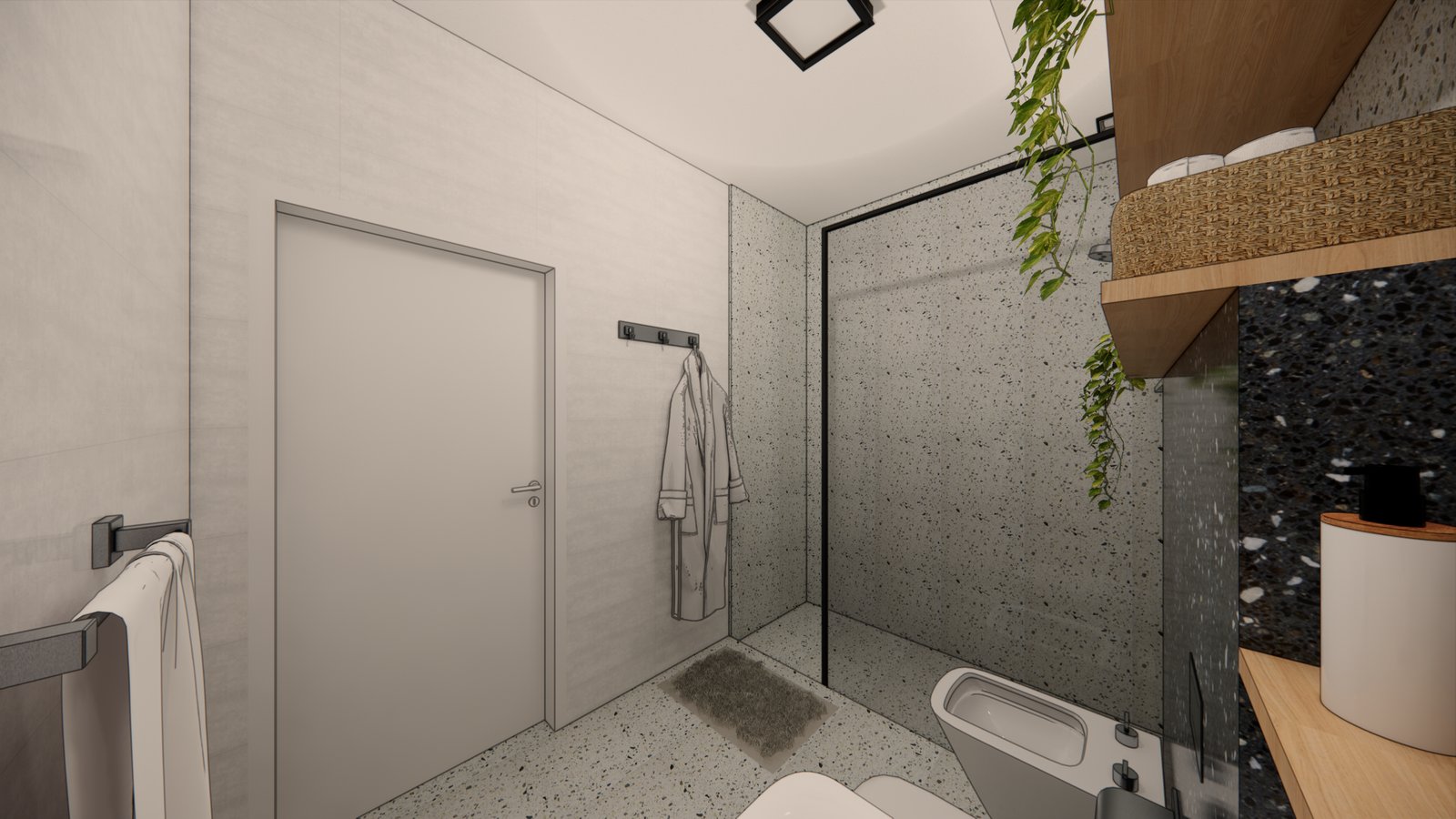 Baño moderno con ducha de hormigón y planta colgante — proyecto PROYECTO BM, por Todo con A, en X5125 Monte Cristo