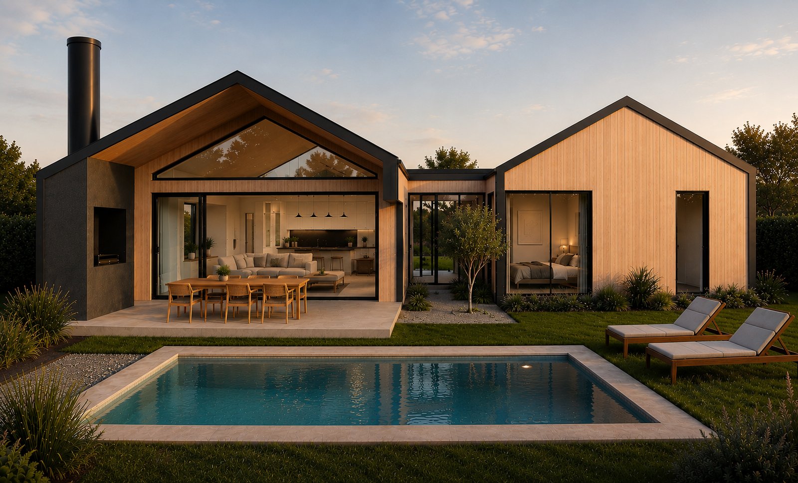 fachada moderna com piscina e deck de madeira — projeto Pilar, por Grupo Steimberg, em Pilar