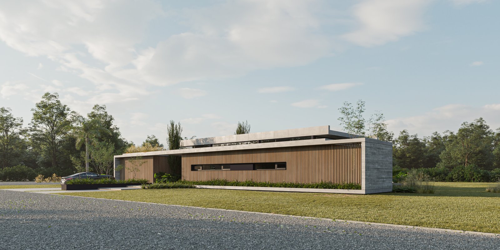 fachada moderna con revestimiento de madera y techo verde — proyecto Casa LAZO, por Grupo CRBN, en B2812 Exaltación de la Cruz