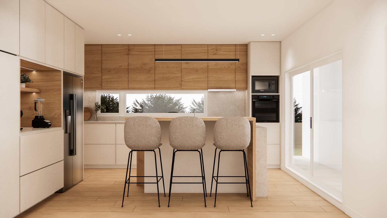 Cozinha moderna escandinava com ilha e madeira natural — projeto Cocina contemporánea y funcional, por Mela Deco Design, em Buenos Aires