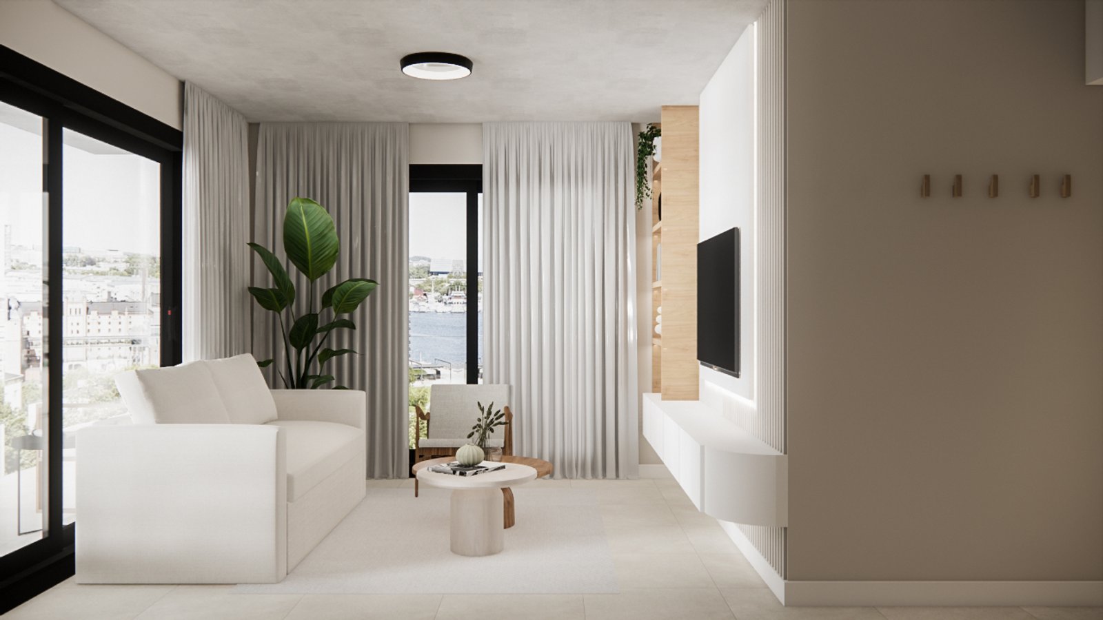 Living moderno con mucha luz y cortinas blancas — proyecto Departamento integral, por Mela Deco Design, en Buenos Aires