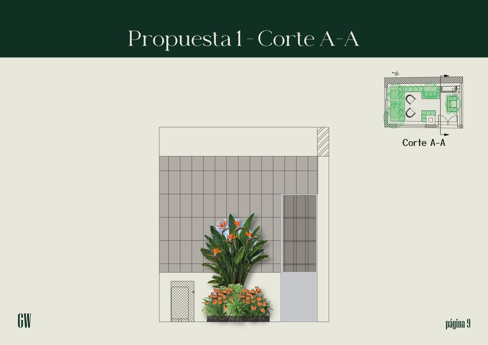 corte de fachada con jardinera grande y revestimiento de azulejos — proyecto Proyecto Alem, por Greenwood Paisajismo, en Alem 540