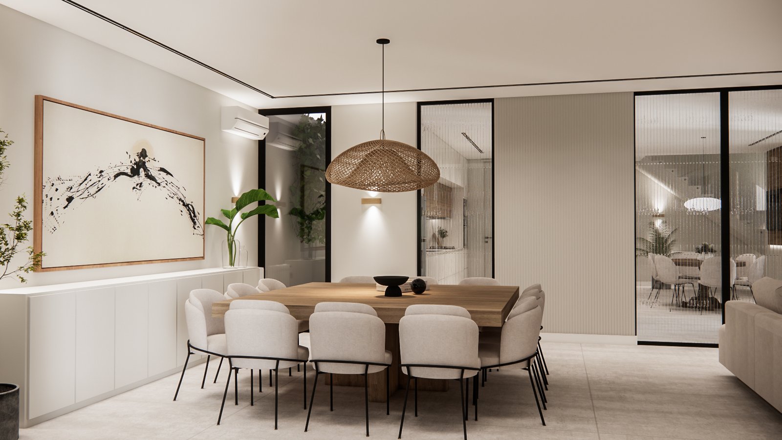 Comedor moderno con arte abstracto y lámpara tejida — proyecto Casa moderna con espacio de cocina integrada, por Mela Deco Design, en Buenos Aires