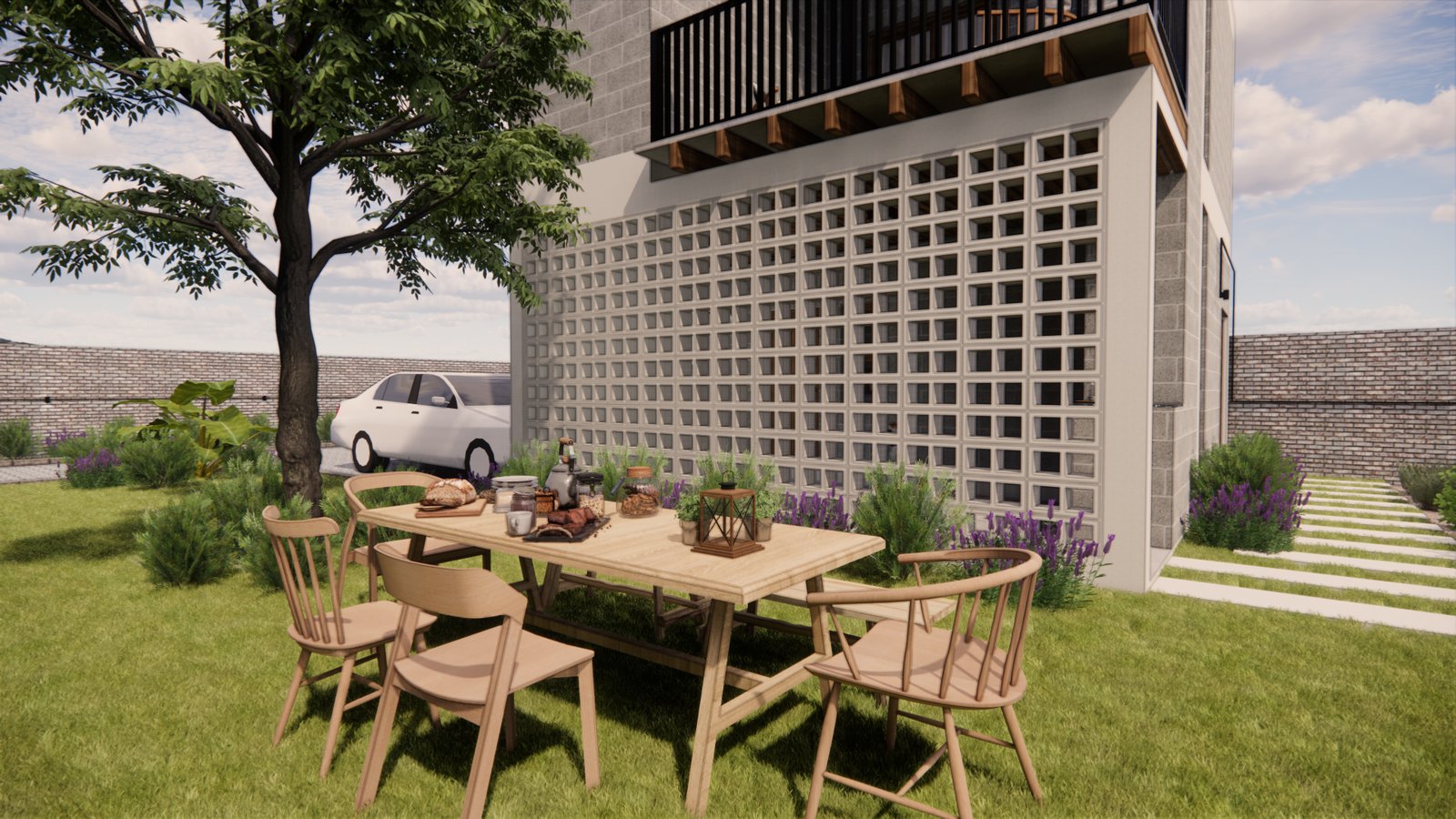 Comedor exterior moderno con fachada de hormigón texturado y vegetación exuberante — proyecto FACHADAS ET, por Todo con A, en Villa del Rosario