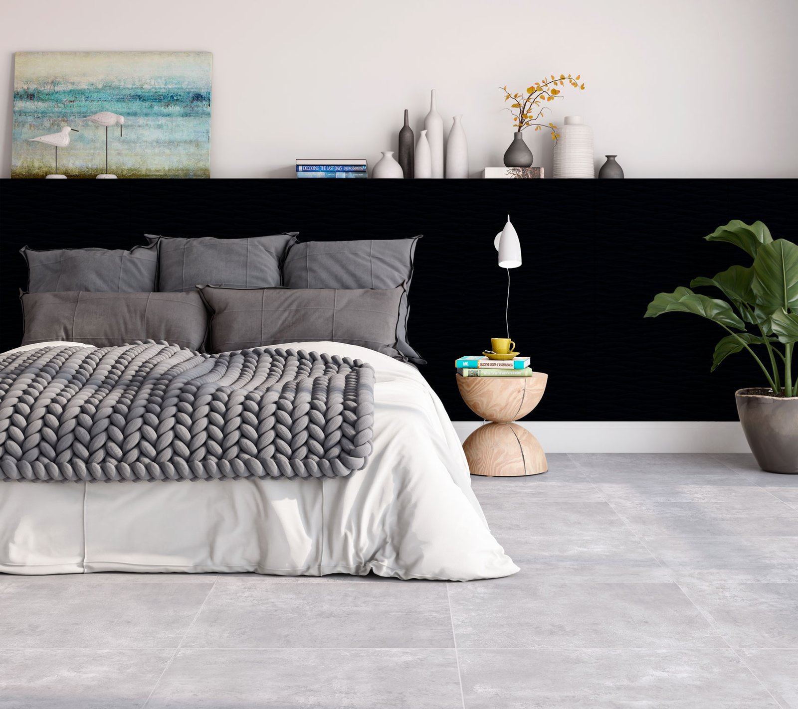 Quarto moderno com parede preta e arte abstrata — projeto Cemento, por TENDENZA, em Buenos Aires