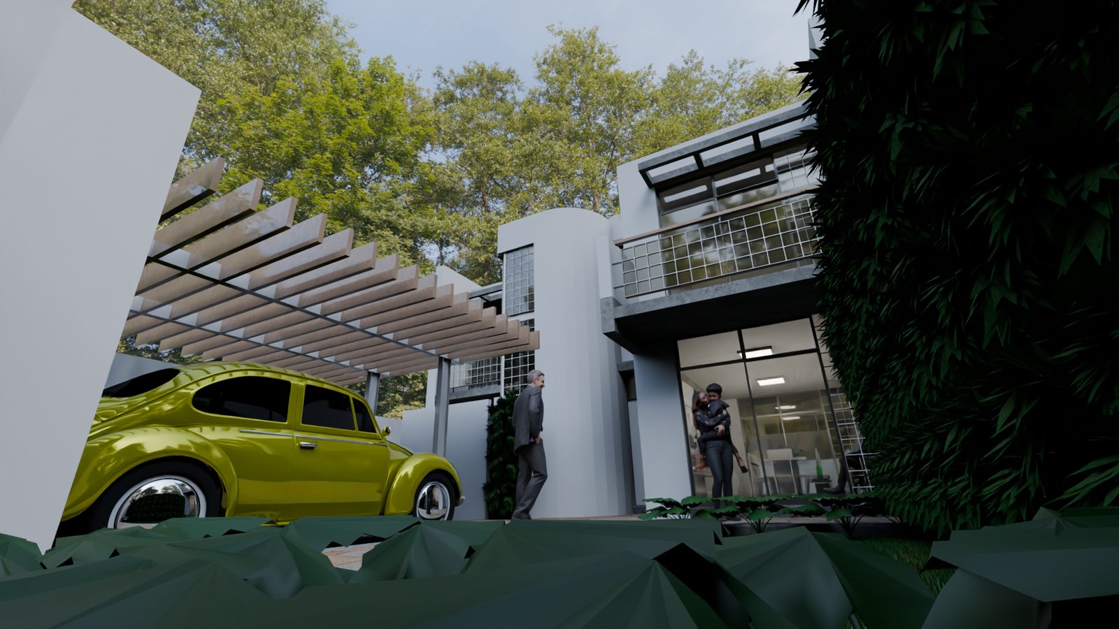 Fachada moderna com carro clássico amarelo e pergolado de madeira — projeto Beta, por Estudio de Arquitectura Mariano José Cerutti., em Santa Fe Province