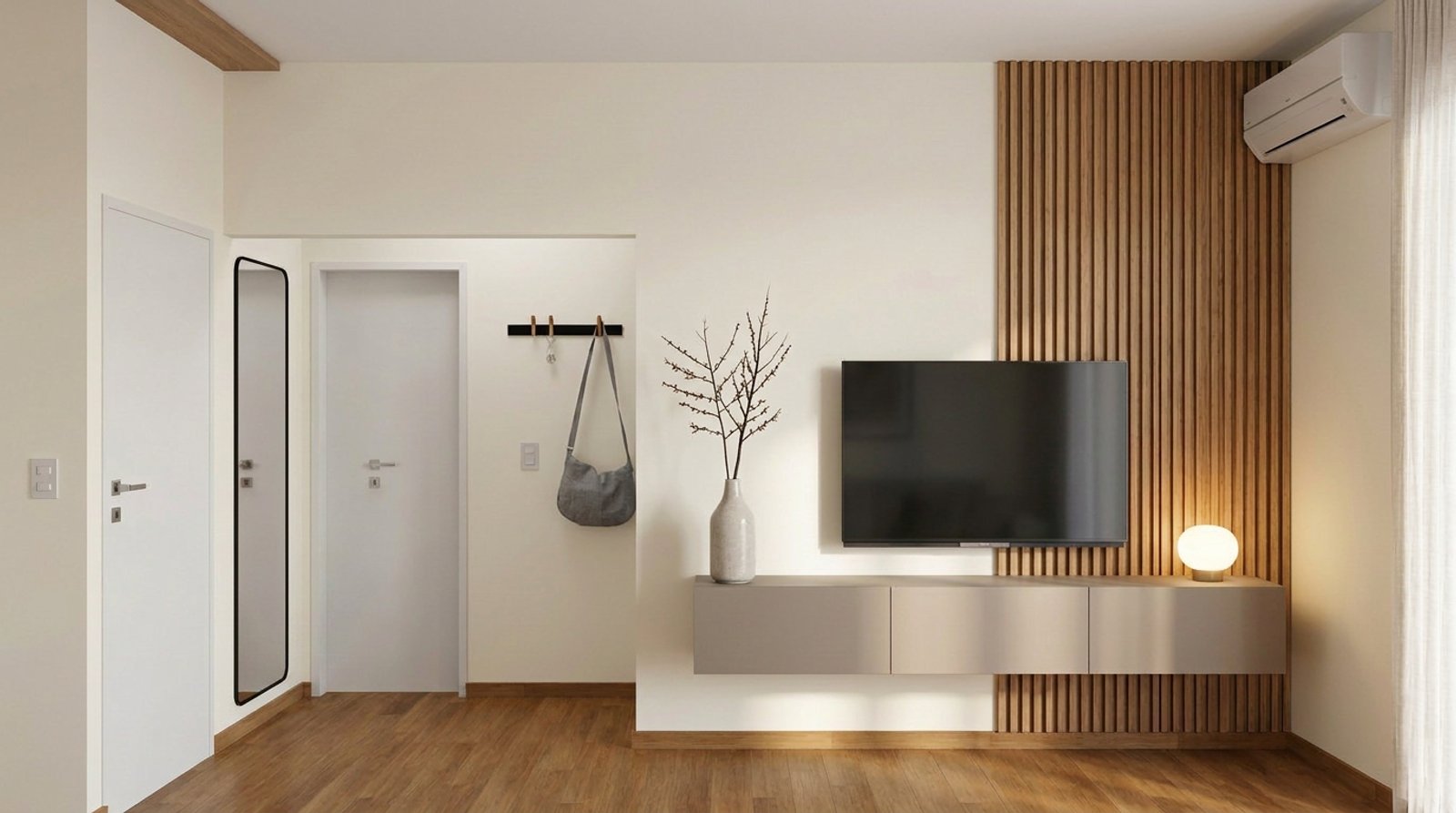 Living moderno escandinavo con pared de madera y TV empotrada — proyecto Diseño de living, comedor y cocina integrados, por Mela Deco Design, en Buenos Aires